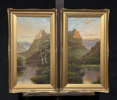 ANTIQUE PAIR SCOTTISH HIGHLAND SIGNED OIL PAINTINGS - LOCH SCENES AT SUNSET