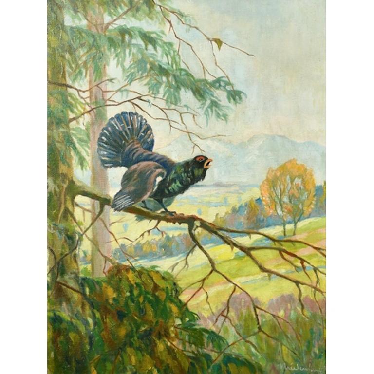 Scottish School Landscape Painting - Scottish Oil Painting Black Grouse in a Tree within a Highland Landscape