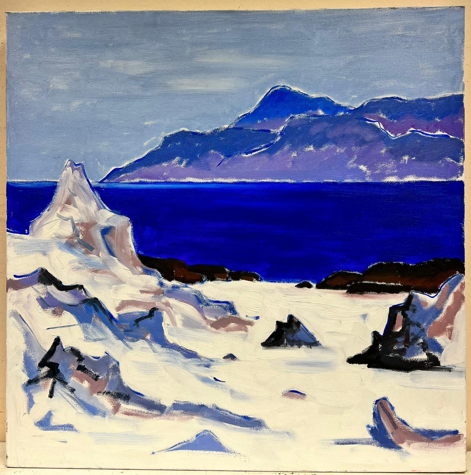 Pintura al Óleo Modernista Escocesa sobre Lienzo Iona Mares Azules Tierras Altas Moradas - Painting de Scottish School