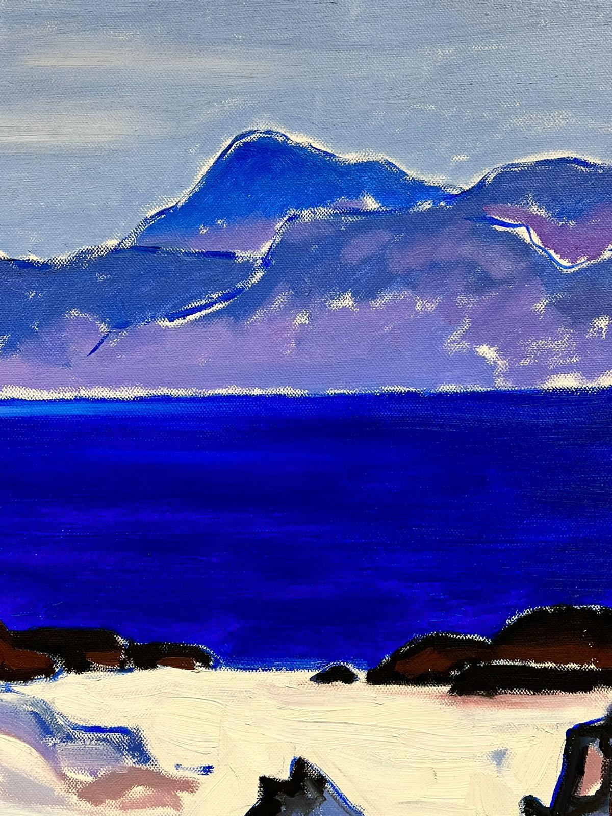 Peinture à l'huile moderniste écossaise sur toile Iona Blue Seas Purple Highlands - Moderne Painting par Scottish School