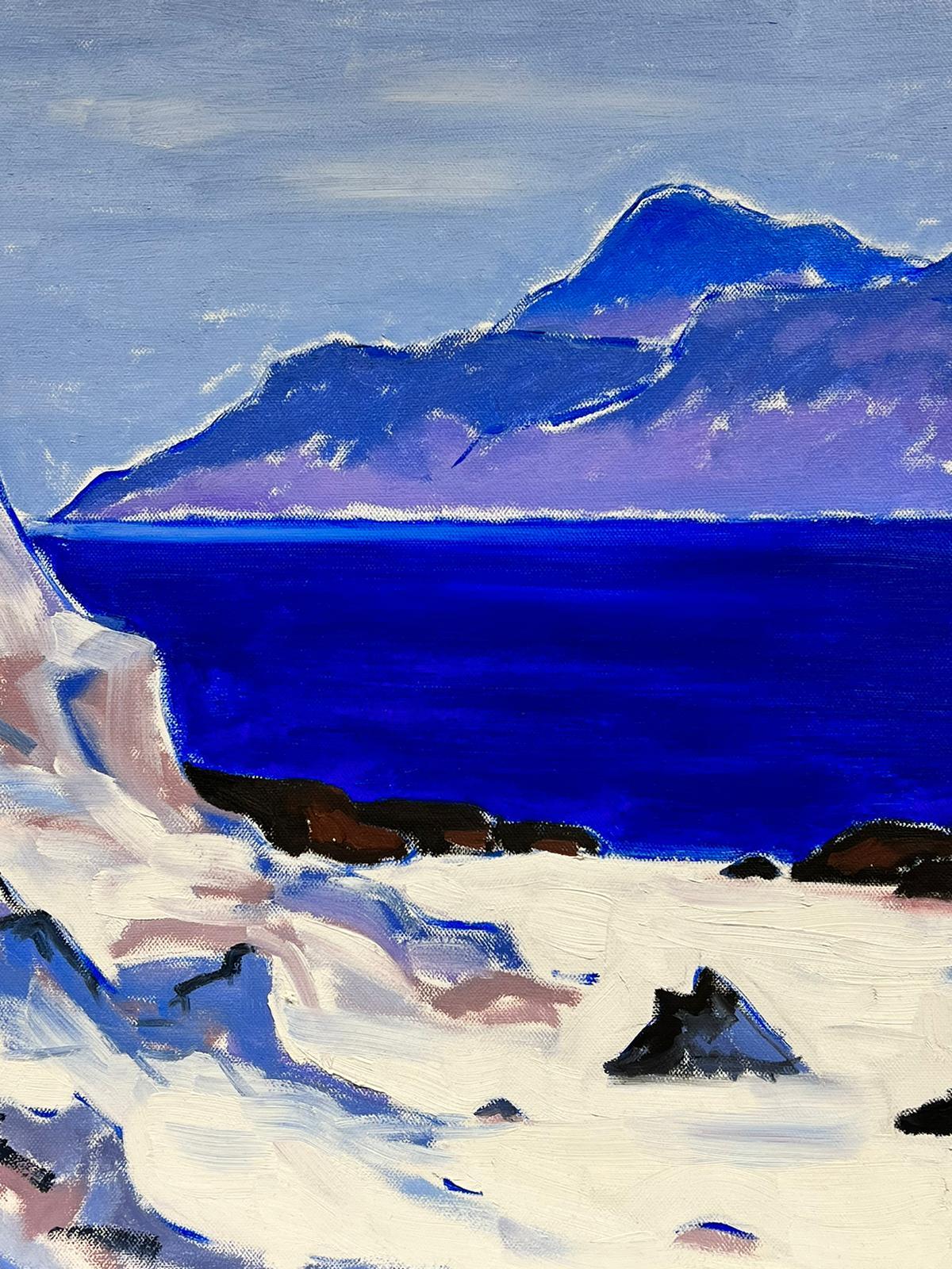Pintura al Óleo Modernista Escocesa sobre Lienzo Iona Mares Azules Tierras Altas Moradas - Painting Moderno de Scottish School