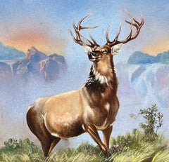 The Monarch of the Glen Antique Scottish Painting Highland Stag in Landscape