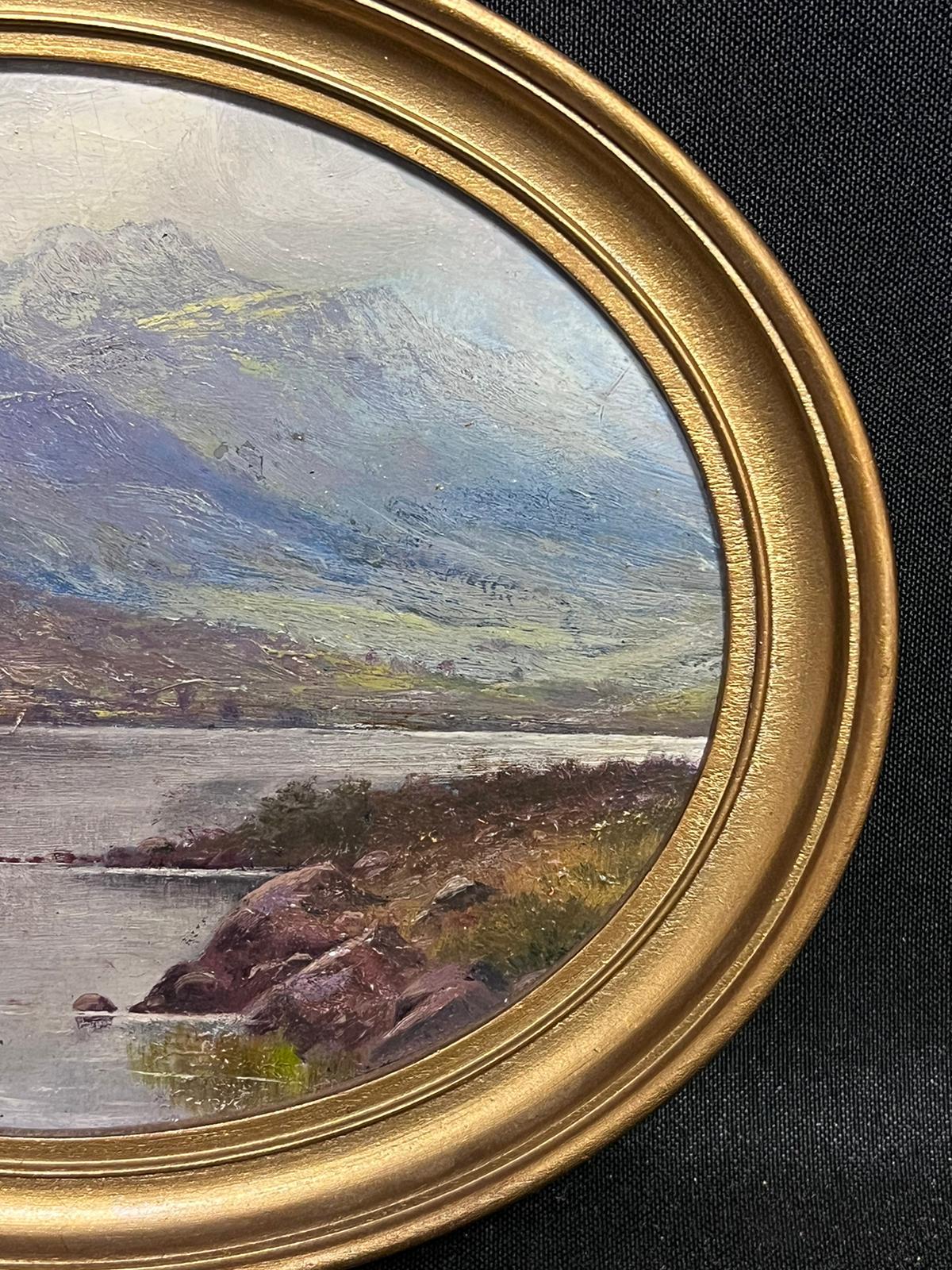 Antique Scottish Highland Loch Scene Oval Oil Painting in Gilt Frame For Sale 1