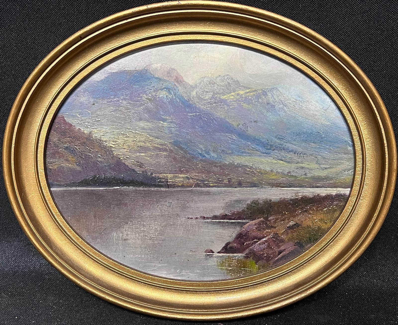 Scottish School Landscape Painting - Antique Scottish Highland Loch Scene Oval Oil Painting in Gilt Frame