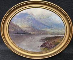 Ancienne peinture à l'huile Scottish Highland Loch Scene dans un cadre doré