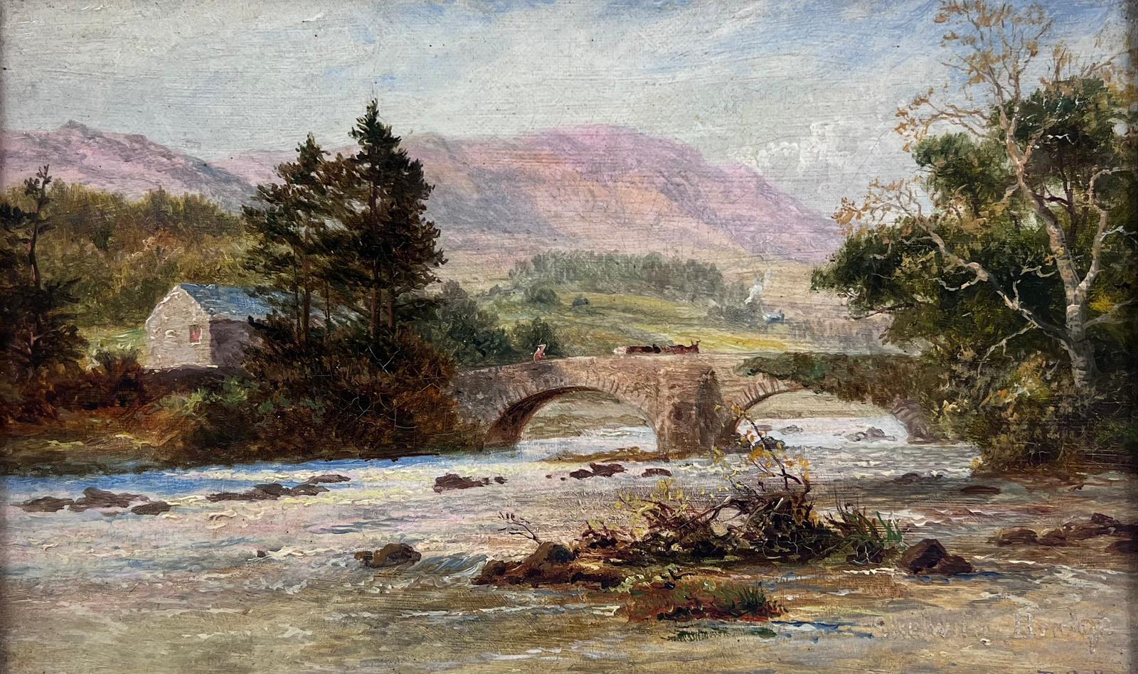 Crossing the Bridge
Scottish School, late 19th century
signed lower corner
oil painting on canvas, framed
framed: 9 x 13 inches
canvas: 7 x 11 inches
provenance: private collection, England
condition: very good and sound condition 

