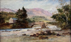 Antique Scottish Signed Oil Painting Cattle over Stone Bridge Highland River
