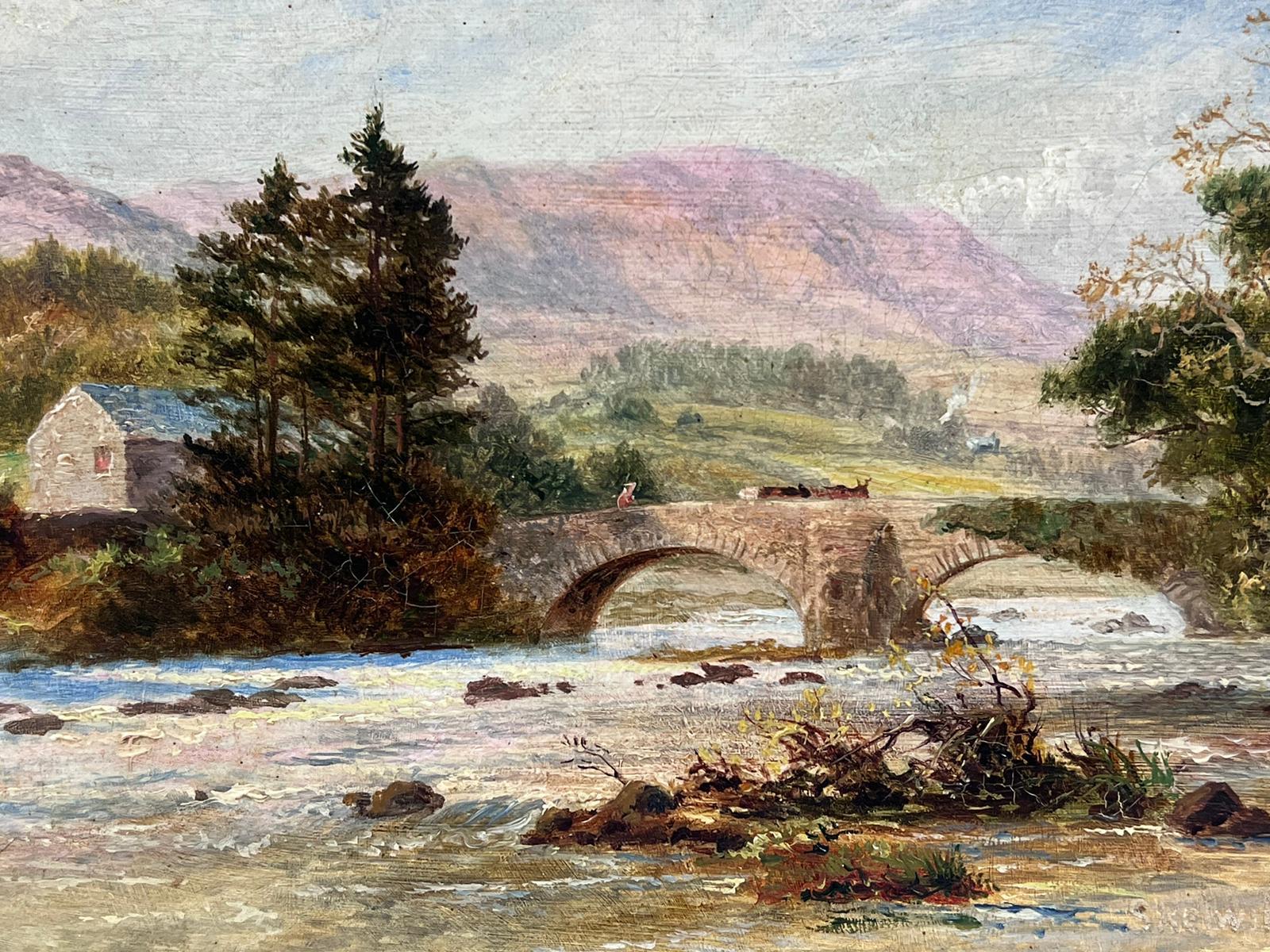 Antique Scottish Signed Oil Painting Cattle over Stone Bridge Highland River For Sale 2