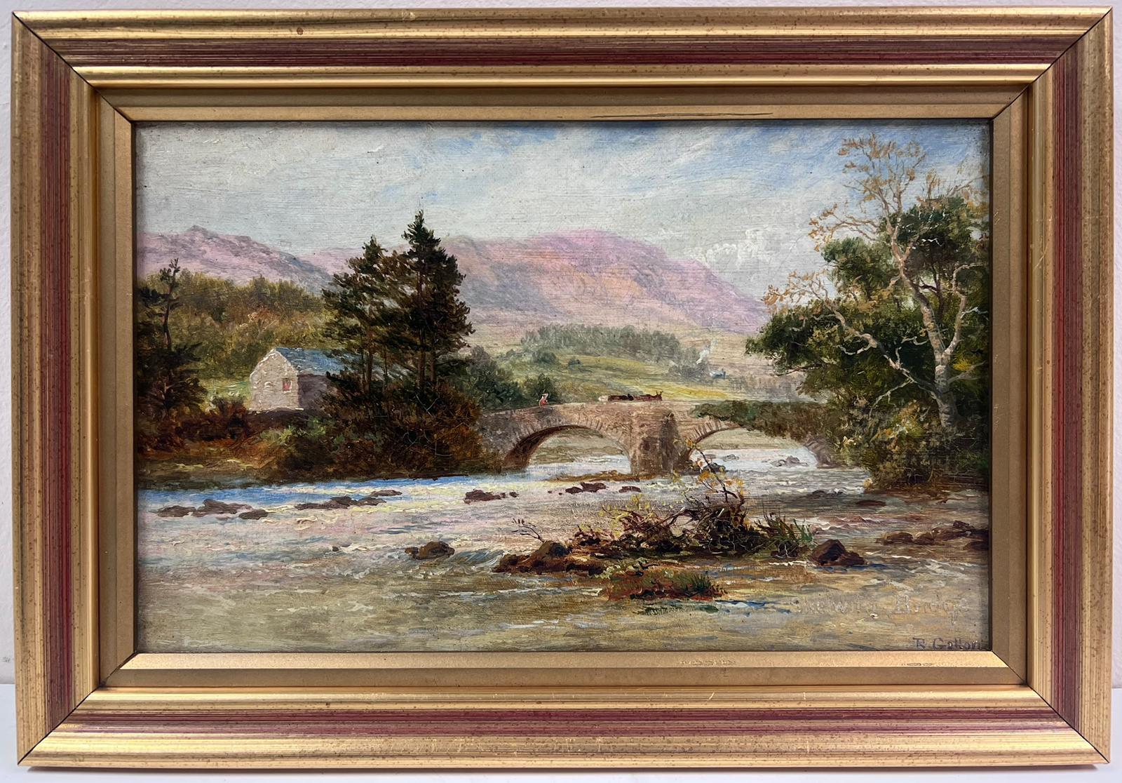 Scottish School Landscape Painting - Antique Scottish Signed Oil Painting Cattle over Stone Bridge Highland River