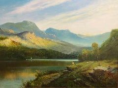 Huge Scottish Oil Painting Angler & Sheep Majestic Highland Loch gilt framed