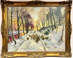 Huge Scottish Signed Painting Sheep in Winter Snowy Sunset Landscape