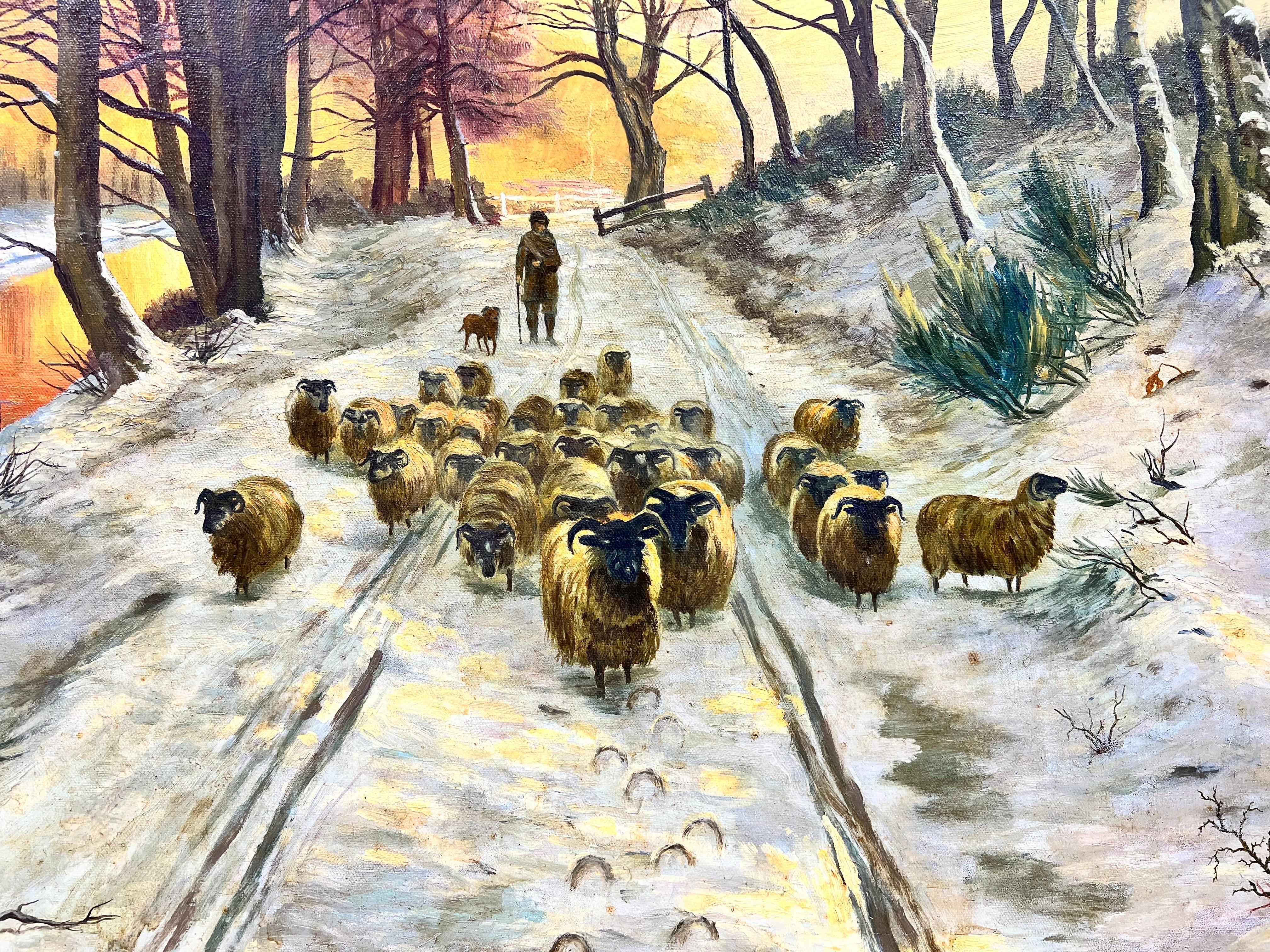 Grande peinture écossaise signée de moutons dans un paysage de coucher de soleil en hiver - Victorien Painting par Scottish School