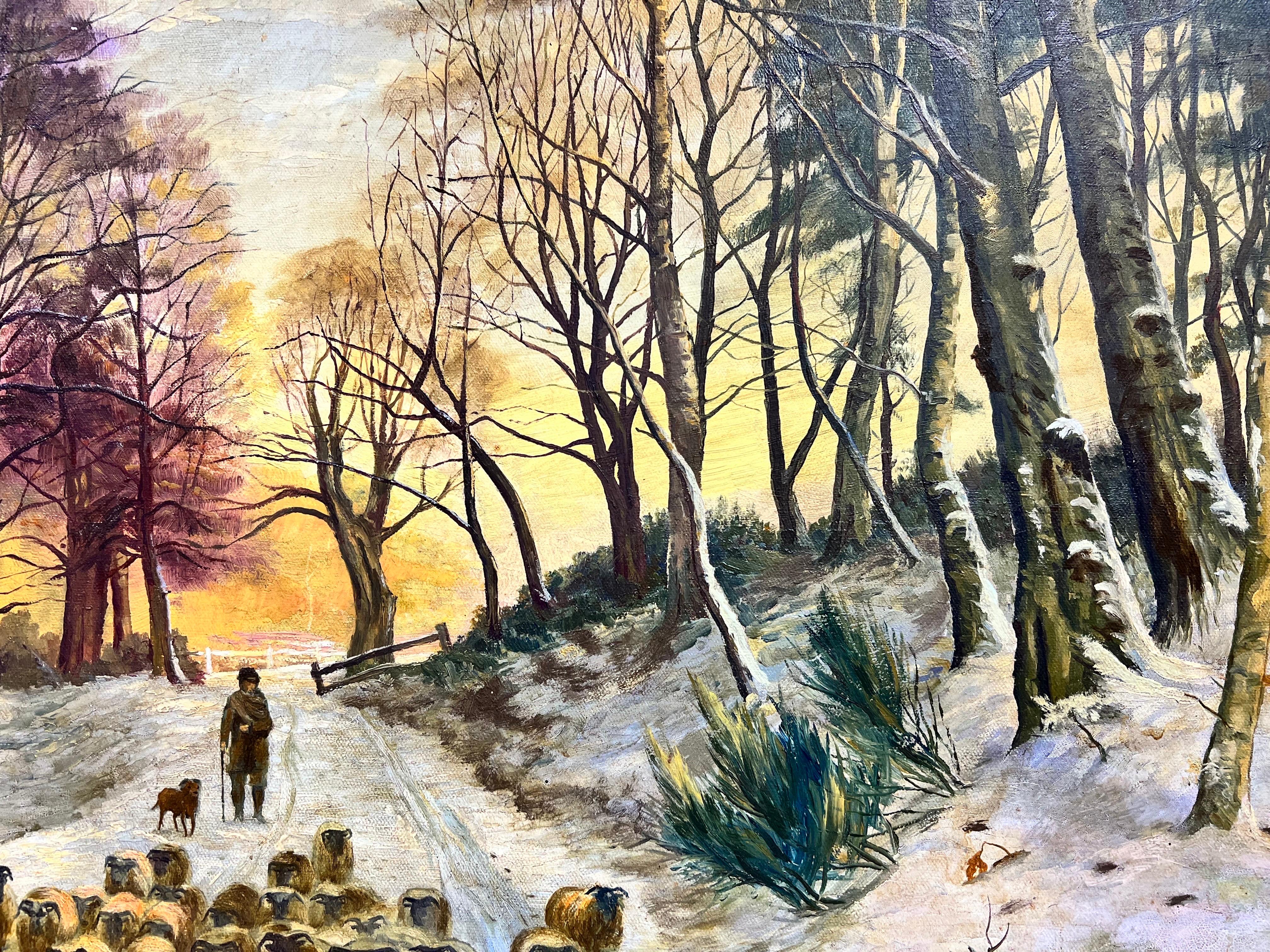Grande peinture écossaise signée de moutons dans un paysage de coucher de soleil en hiver en vente 2