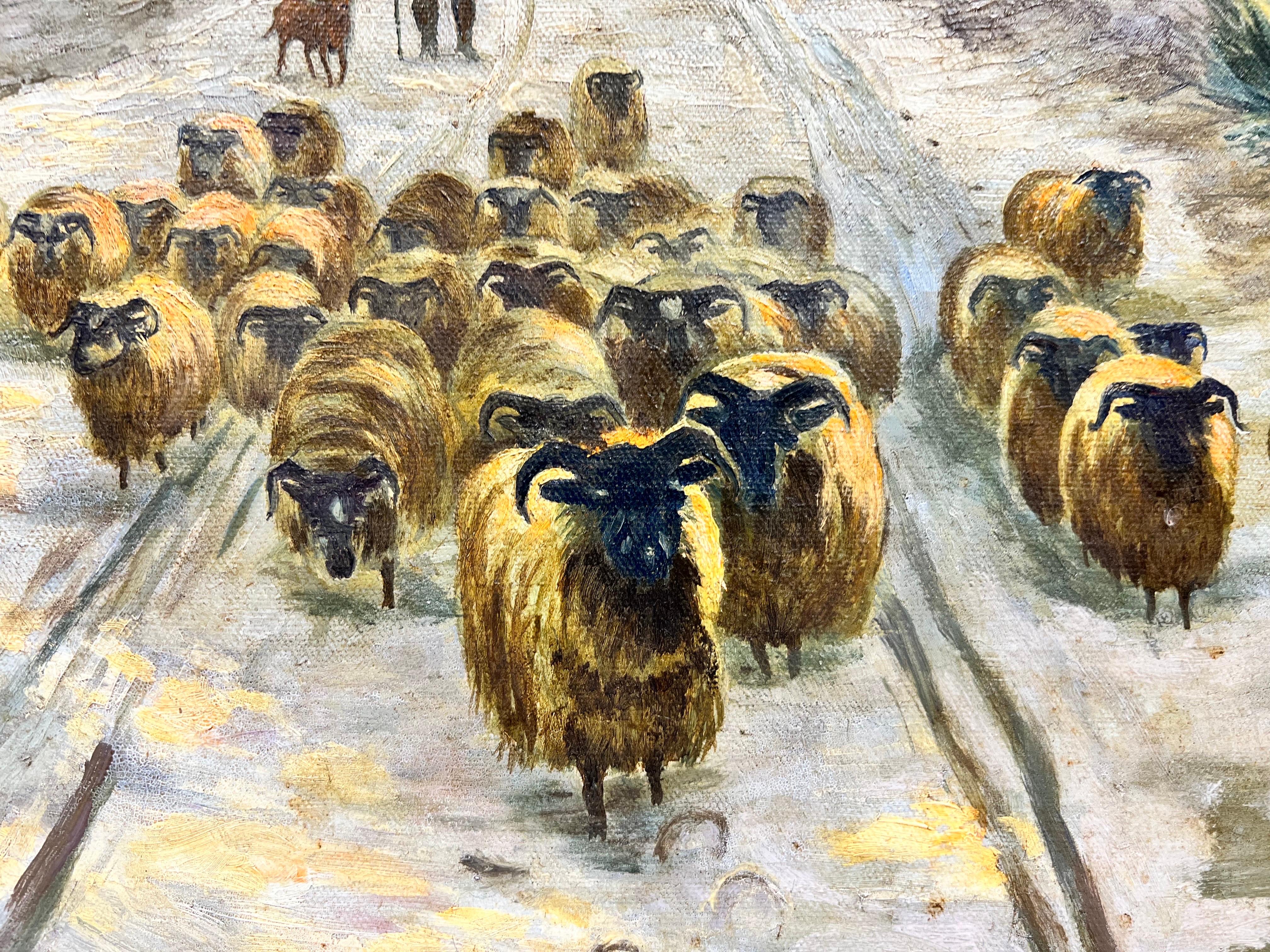 Grande peinture écossaise signée de moutons dans un paysage de coucher de soleil en hiver en vente 3