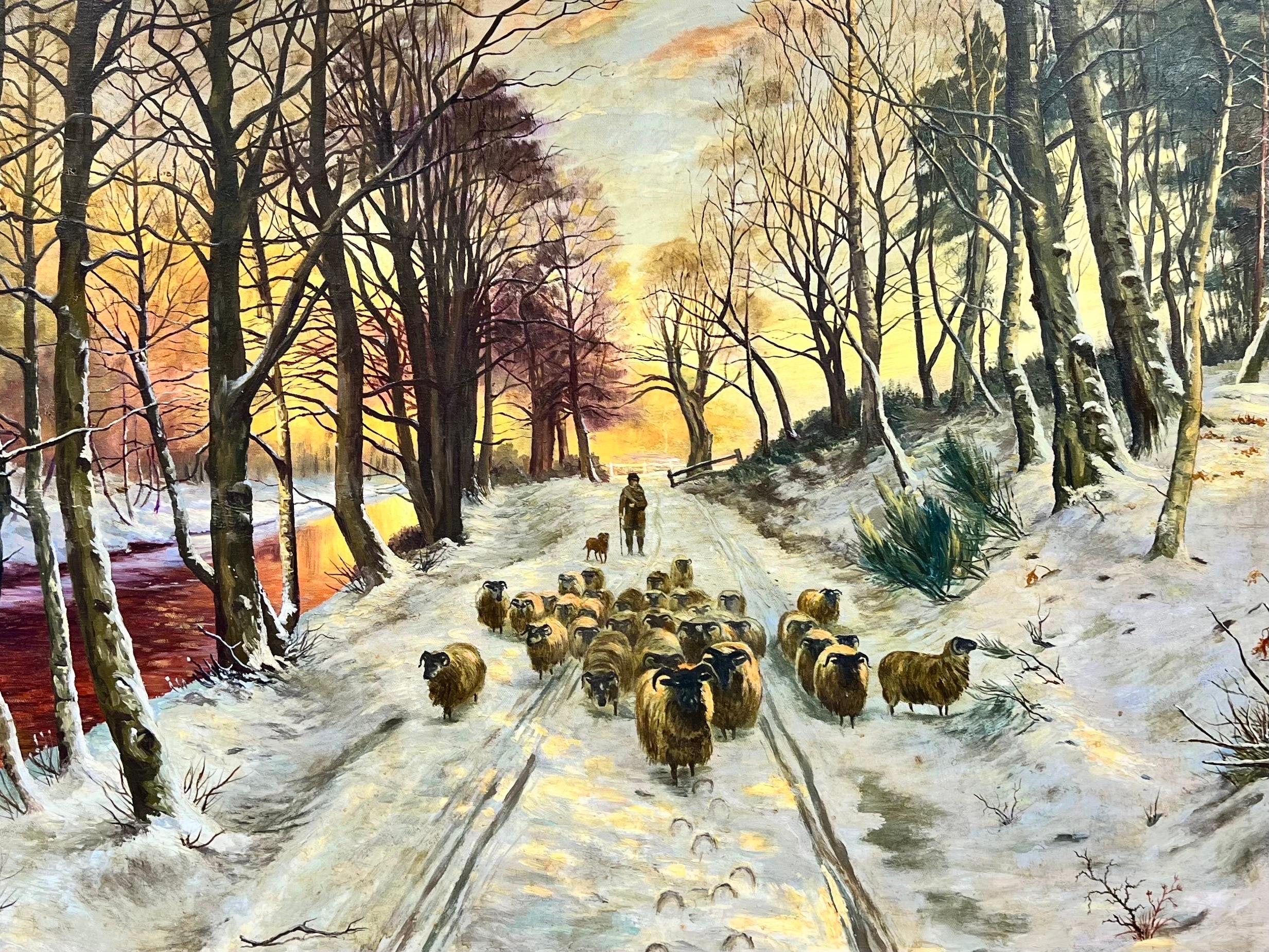 Grande peinture écossaise signée de moutons dans un paysage de coucher de soleil en hiver