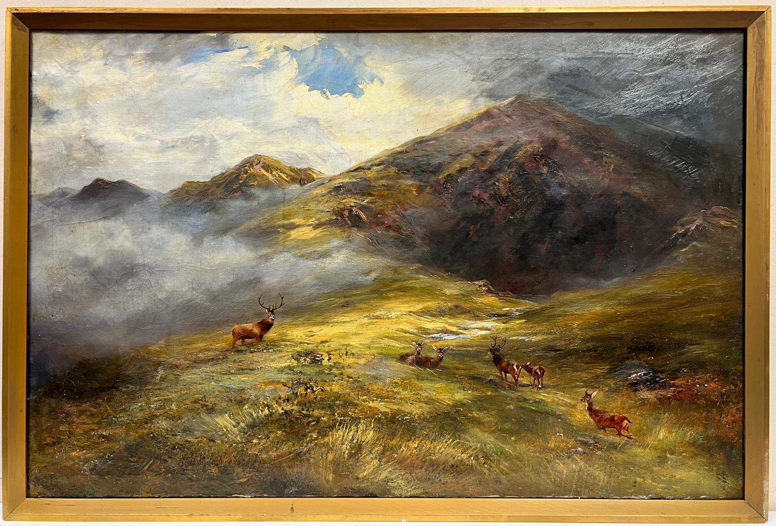Large Scottish Highlands Landscape Oil Stag with Family of Deer Misty Glen - Painting by Scottish School
