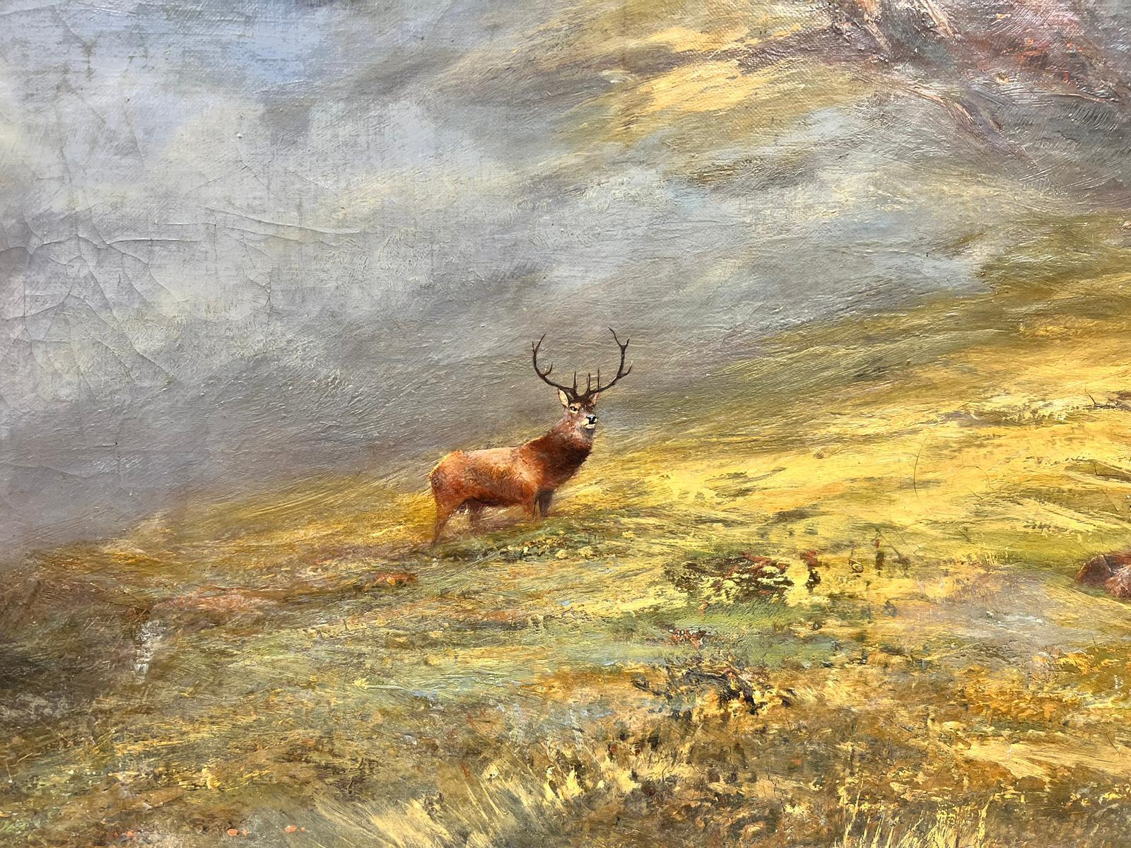 Large Scottish Highlands Landscape Oil Stag with Family of Deer Misty Glen 1