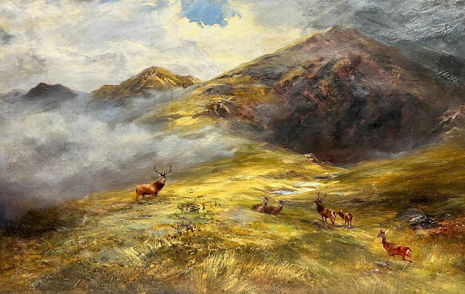 Scottish School Landscape Painting - Large Scottish Highlands Landscape Oil Stag with Family of Deer Misty Glen