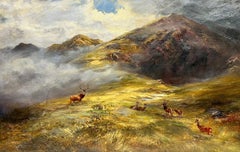 Large Scottish Highlands Landscape Oil Stag with Family of Deer Misty Glen