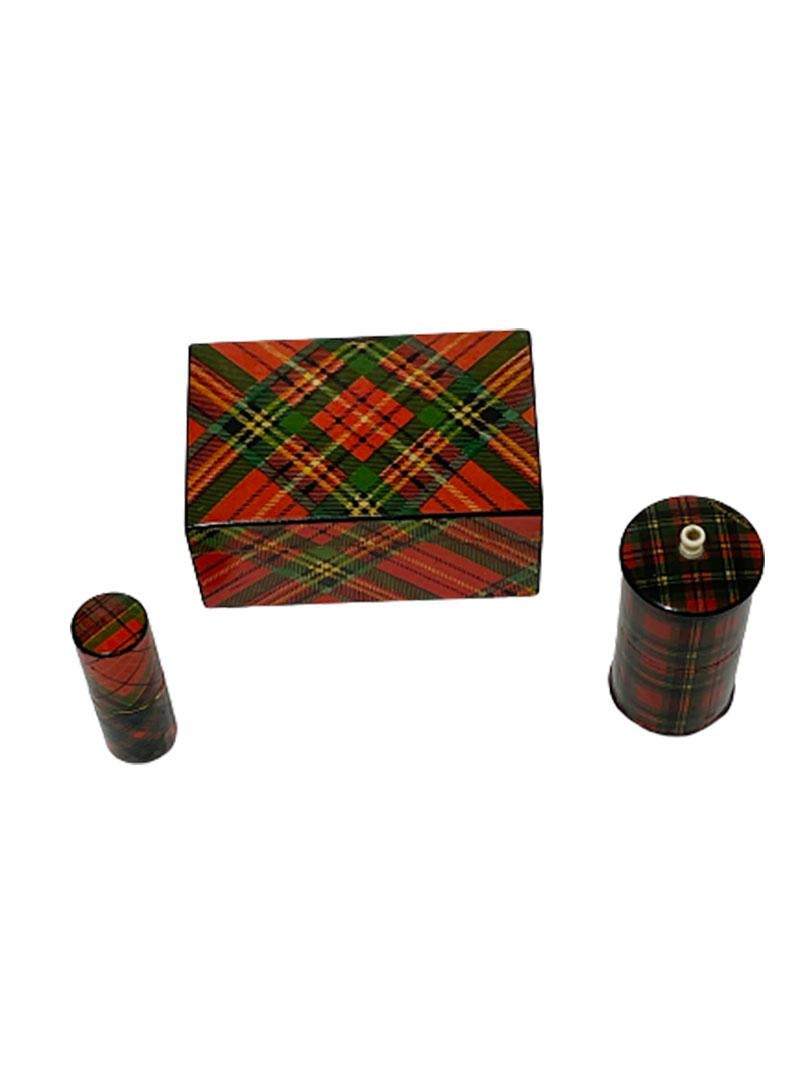 Scottish sewing set of Tartan ware, 19th Century

Set of 3 items of Tartanware, Scottish sewing set, exists of a box, not marked
A needle case not marked, a thread dispenser, marked by Prince Charlie
The box it's size is 4 cm high, 9 cm wide and