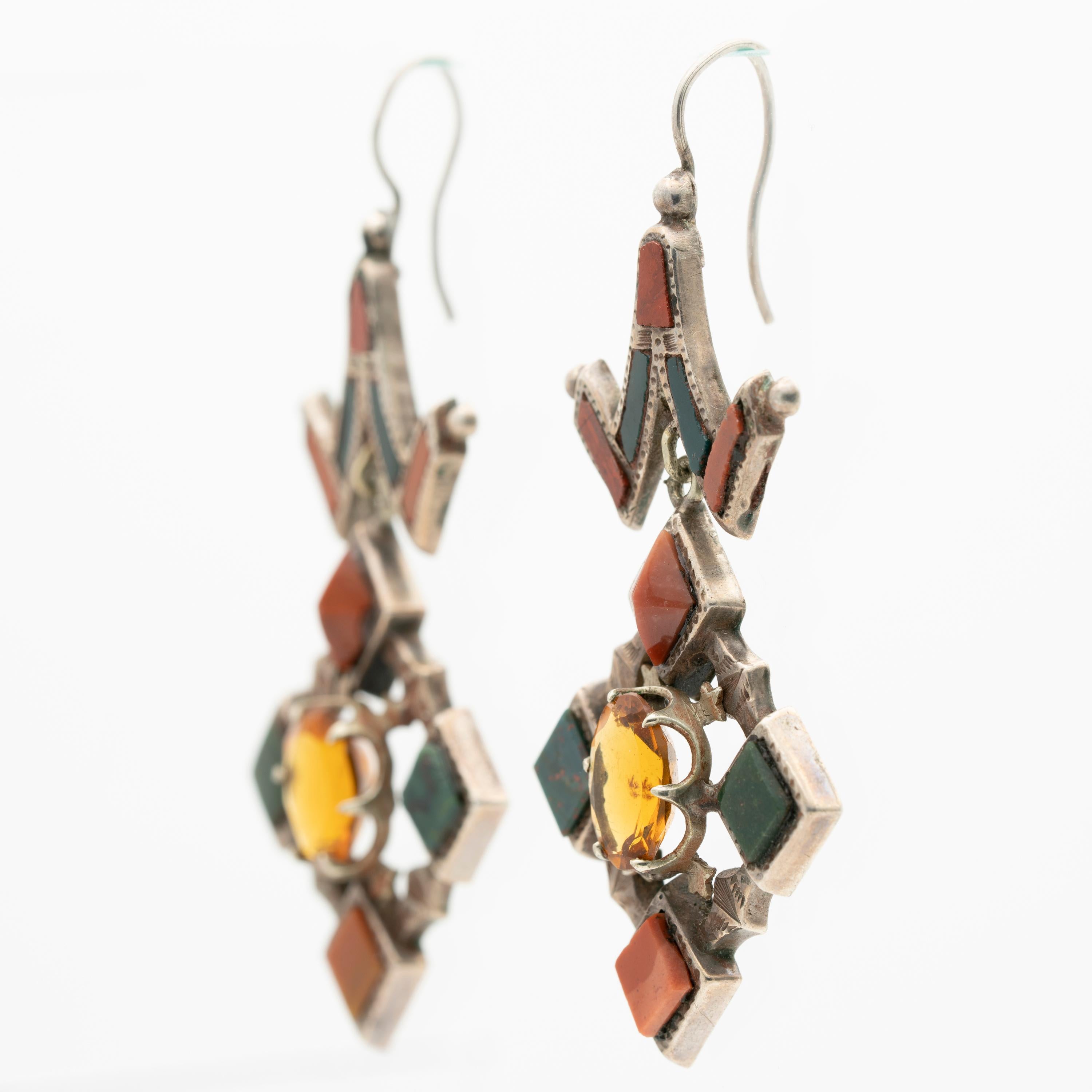 Antique Scottish Silver and Agate and Citrine Drop Earrings c. 1880