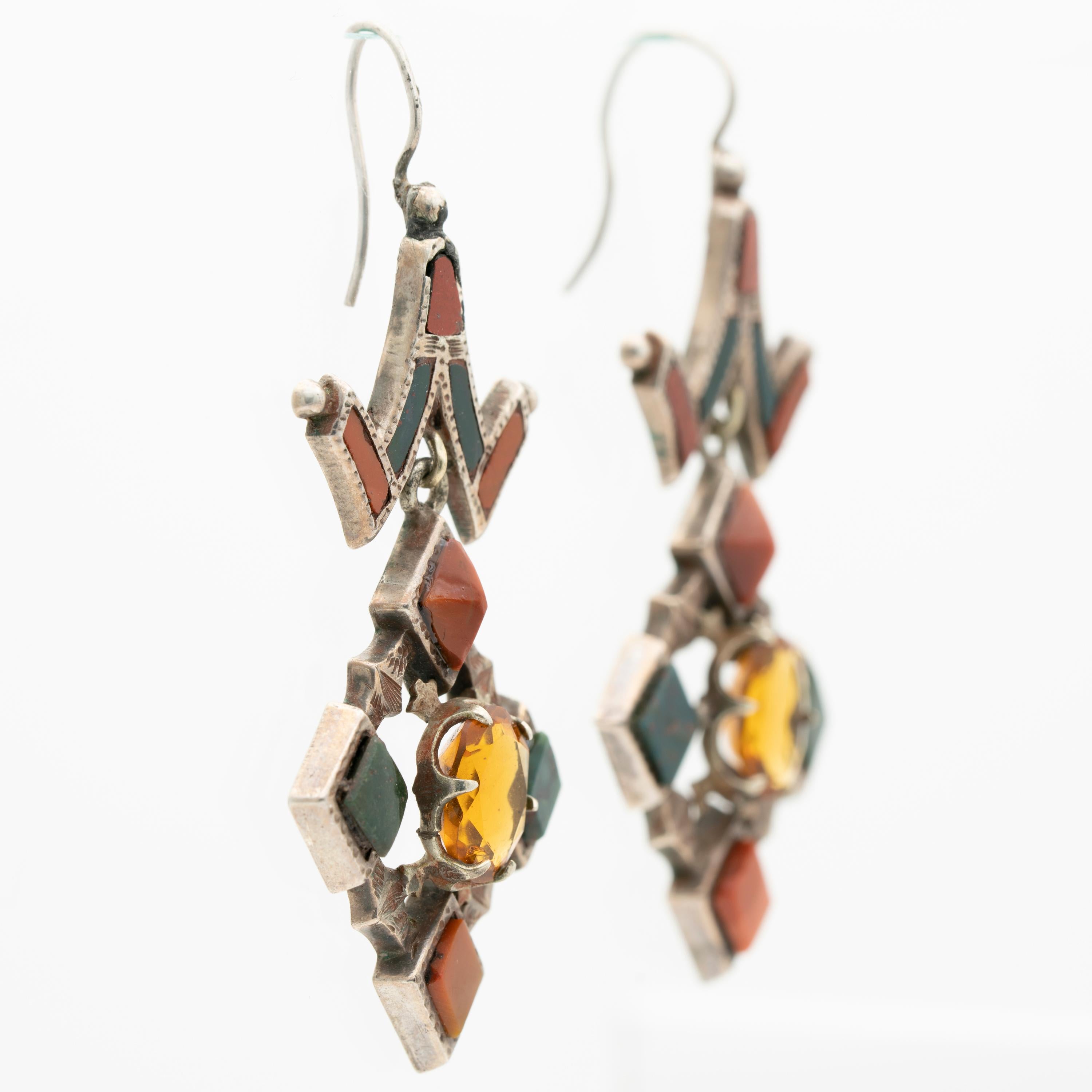 Victorian Scottish Silver and Agate and Citrine Drop Earrings