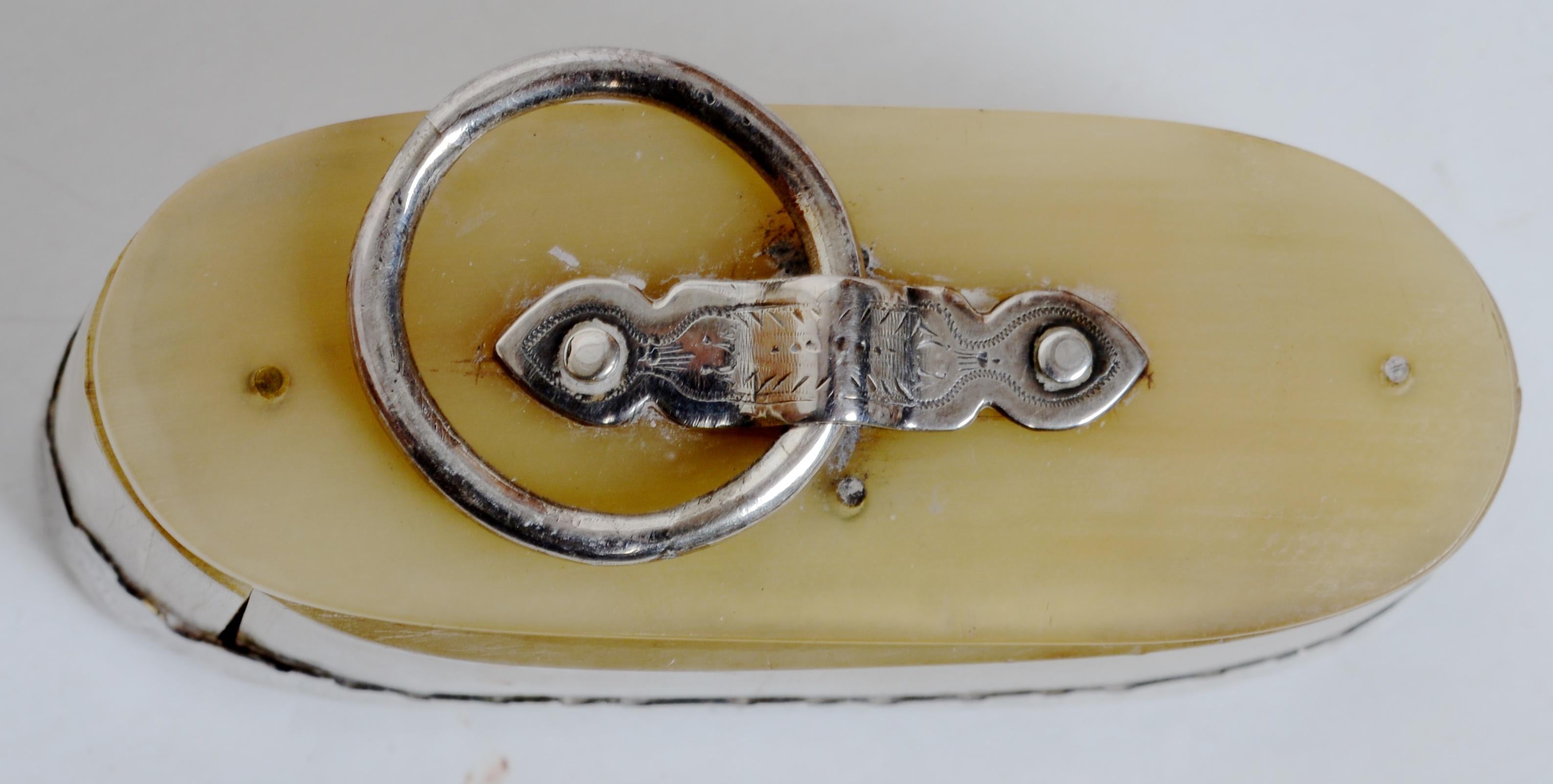 Rare and Unusual Scottish Silver Mounted Snuff Box With Attached Spoon By Andrew Wilkie c1838/39. The initials on the silver mounts on the horn base match the initials on the attached silver spoon. The snuff box was made by Andrew Wilkie, a Dundee