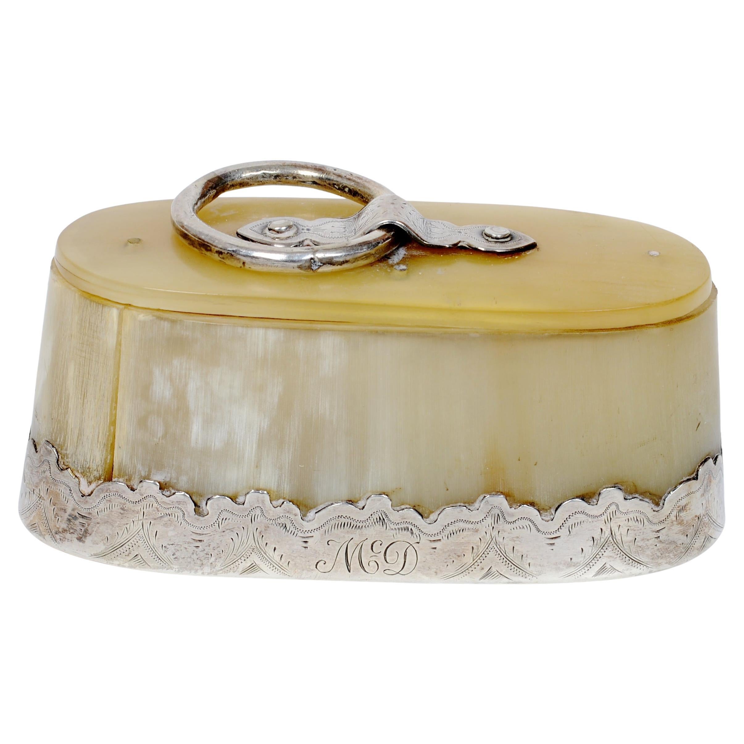Scottish Silver Mounted Snuff Box With Attached Spoon By Andrew Wilkie c1838/39 For Sale