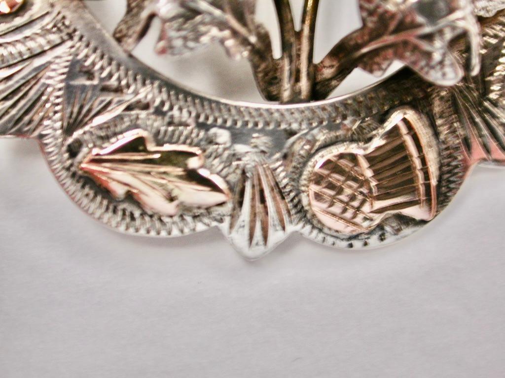 Women's Scottish Silver Thistle Theme Brooch Applied with 9ct Pink Gold, Dated 1957