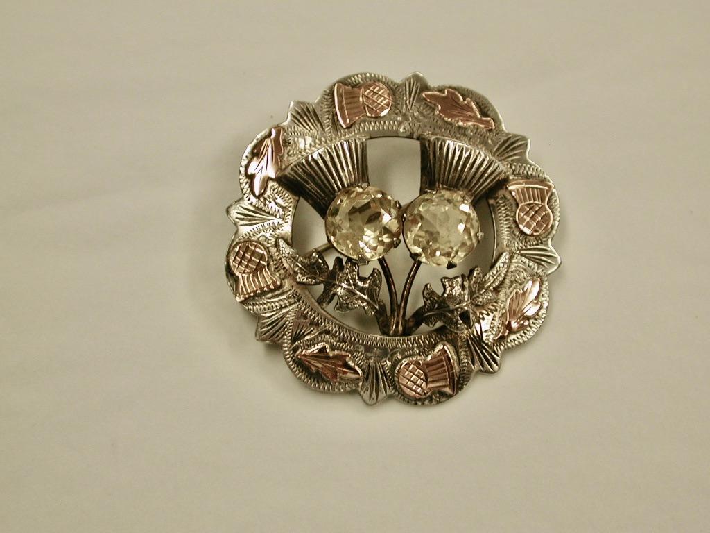 Scottish Silver Thistle Theme Brooch Applied with 9ct Pink Gold, Dated 1957 2