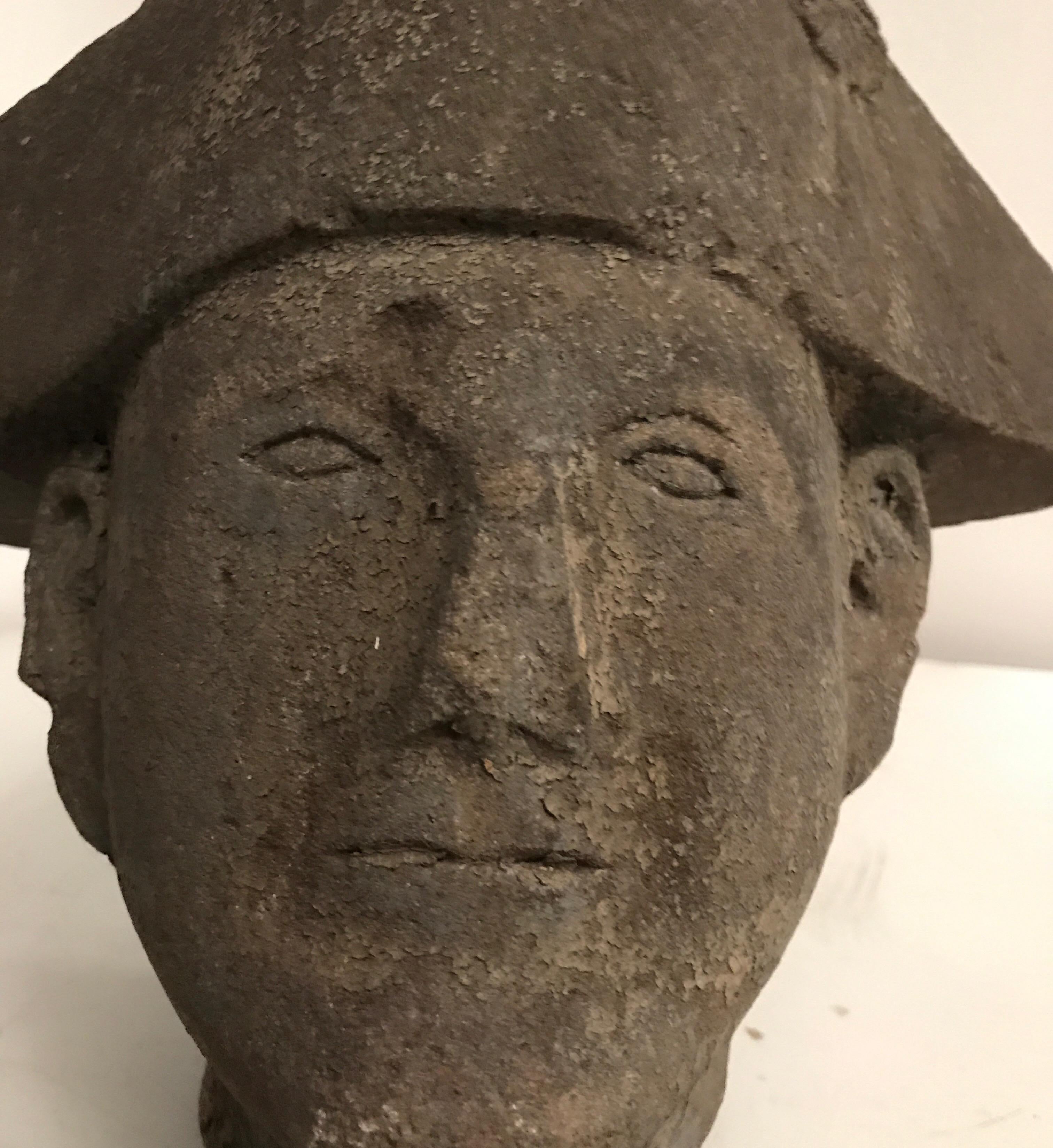 Scottish hand carved stone bust of a gentleman wearing a hat.
At the base of the back of the hat is the inscription K McK 1838
Great decorative object for either indoors or outdoors.
The bust has a primitive folk art feel.