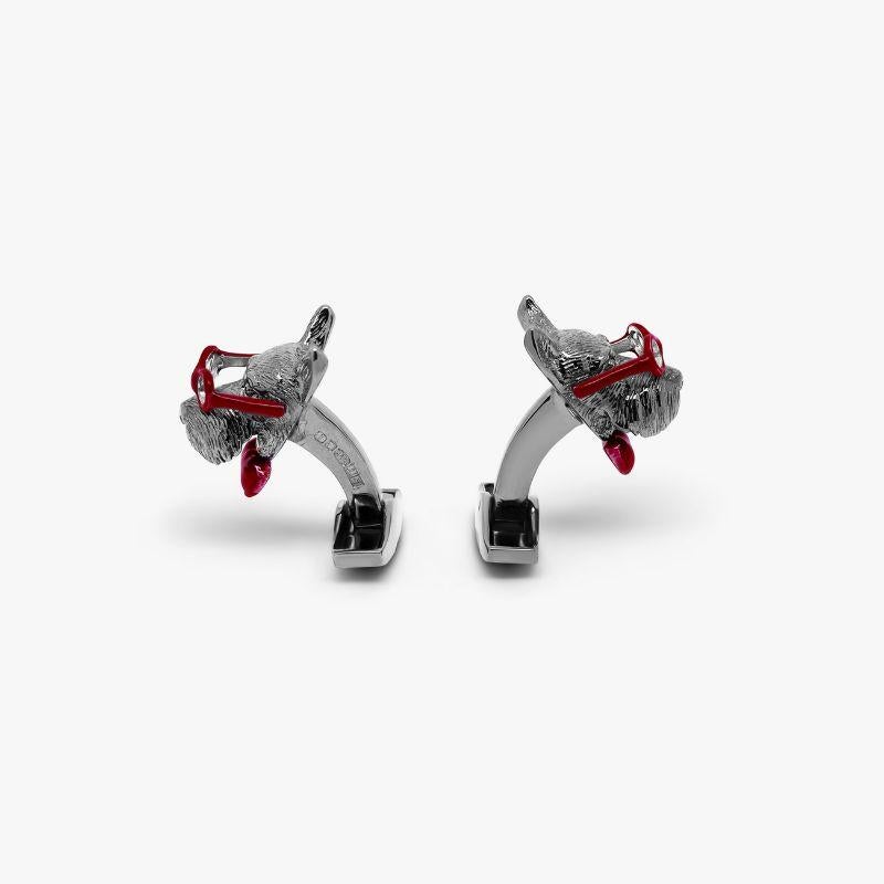 Scottish Terrier Cufflinks in Sterling Silver

Eye-catching, unique and jovial, the red enamel bow tie and glasses create a sense of humour to our rhodium plated sterling silver Scottish Terrier. Fine detailing on the face, mouth and ears create a