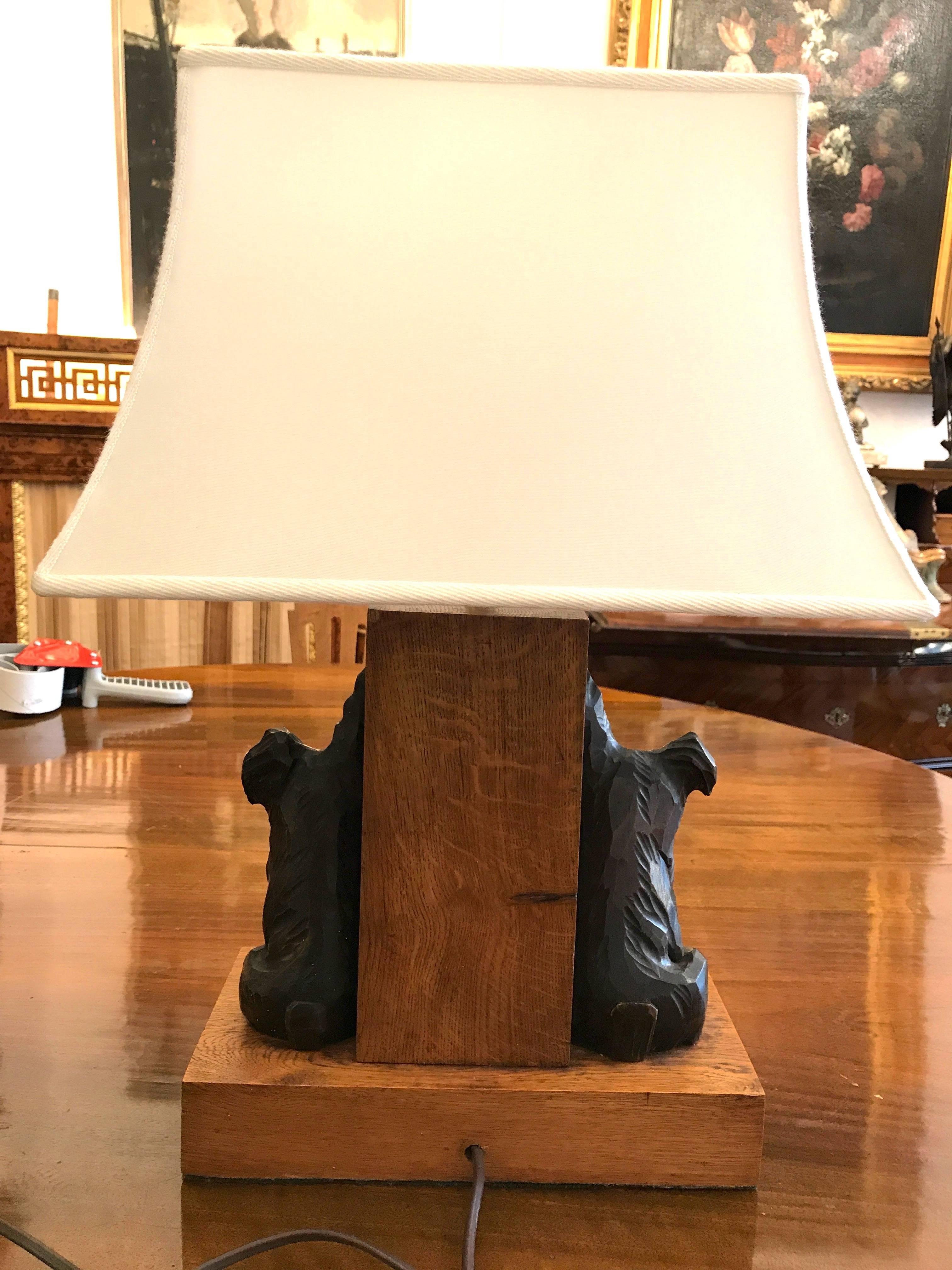 20th Century Scottish Terrier Dog Figures Oak  Rectangular Table Lamp from France