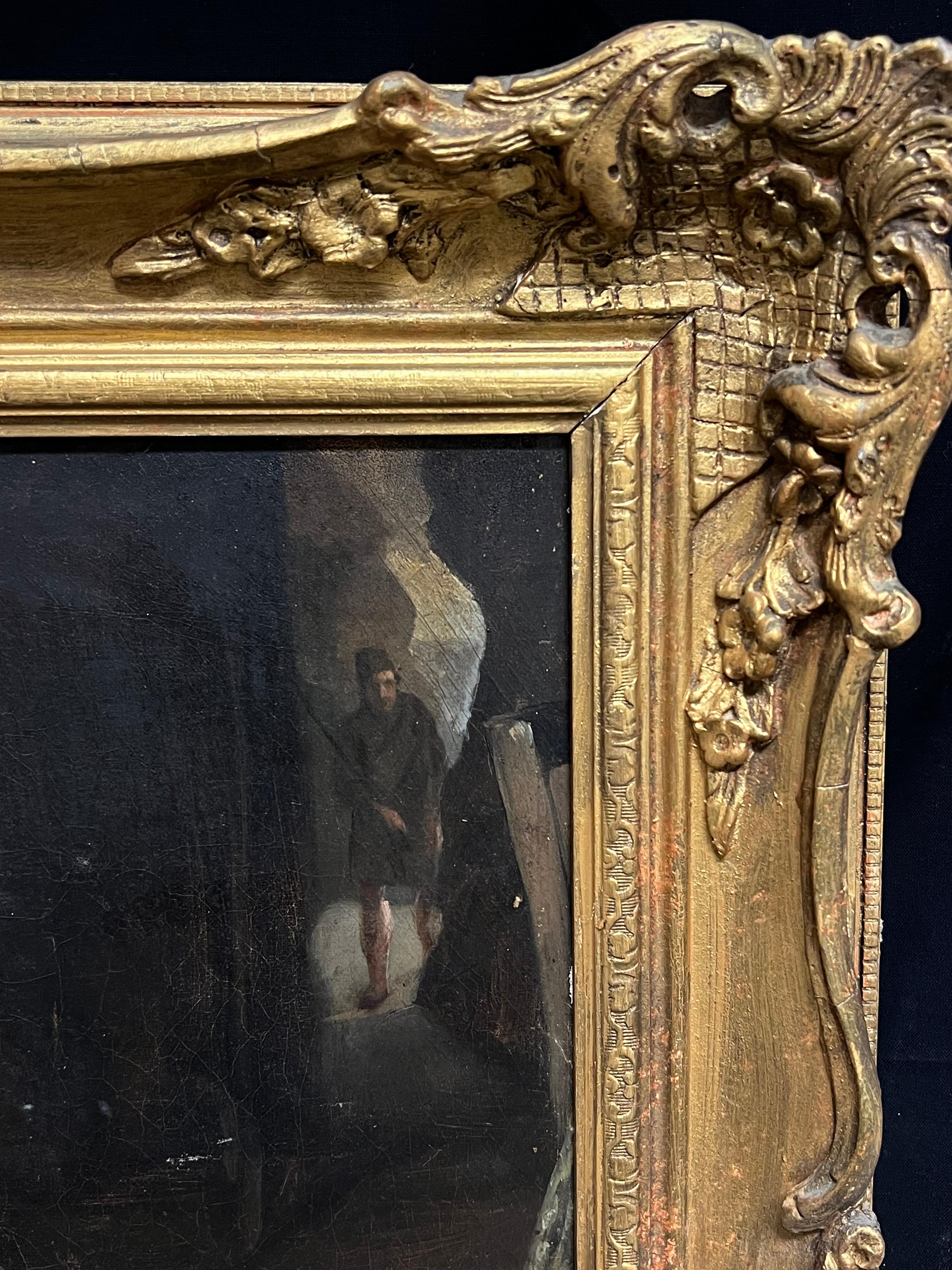 Pintura al óleo antigua del siglo XIX Perros junto al fuego Interior de casa de campo rústica 5
