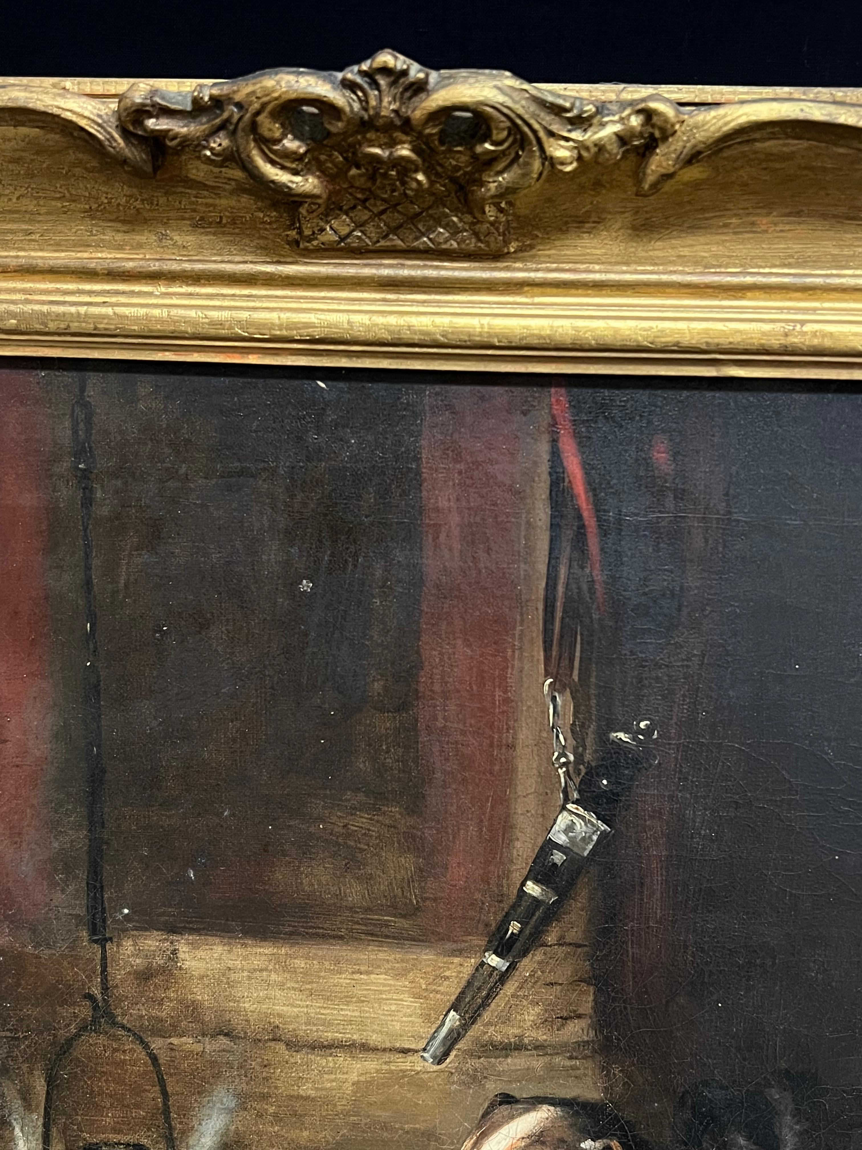 Pintura al óleo antigua del siglo XIX Perros junto al fuego Interior de casa de campo rústica 6