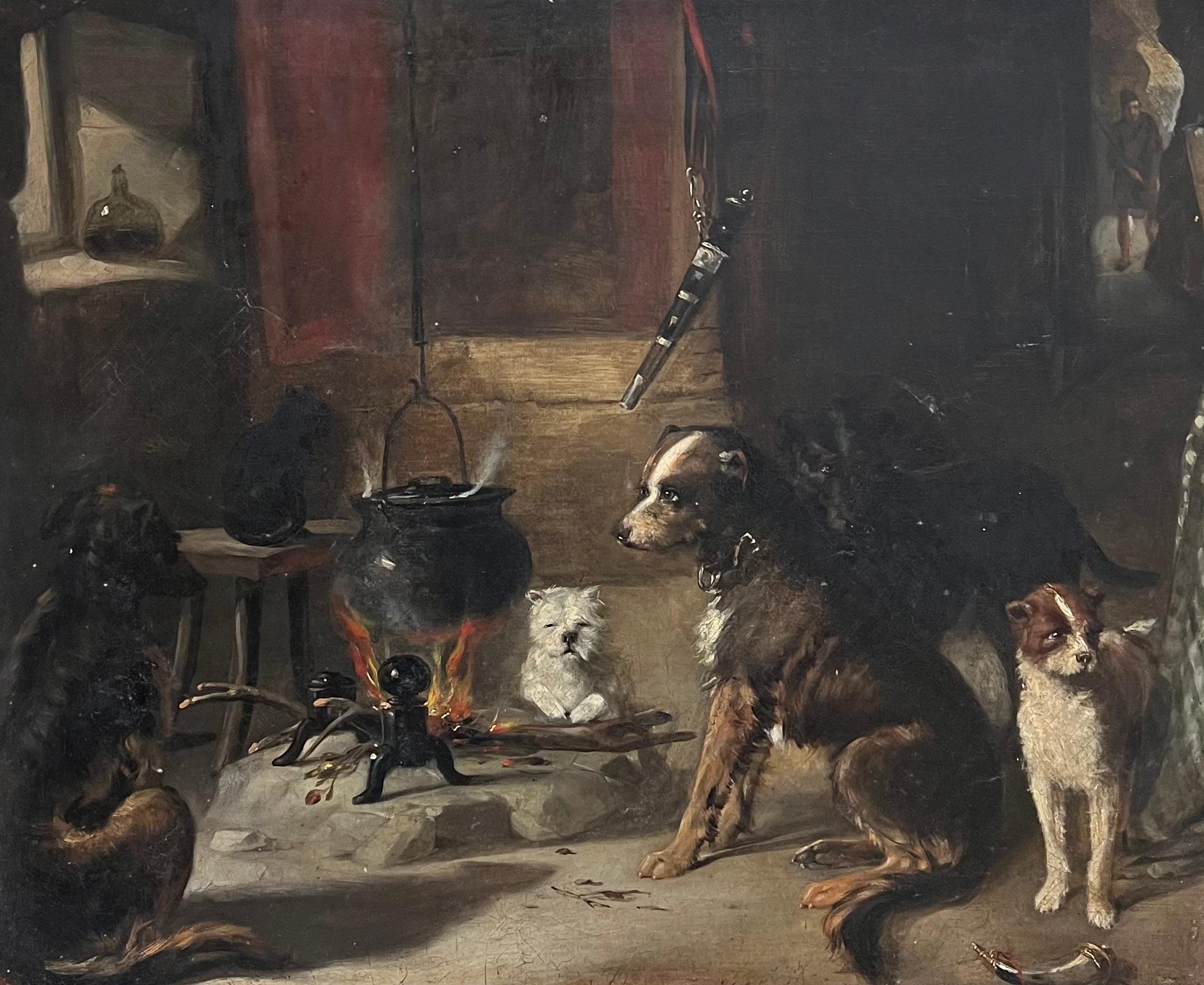Pintura al óleo antigua del siglo XIX Perros junto al fuego Interior de casa de campo rústica - Painting de Scottish Victorian