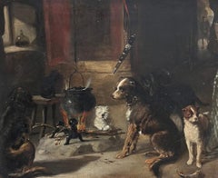 Antique 19th-Century Oil Painting Dogs by the Fire Rustic Cottage Interior