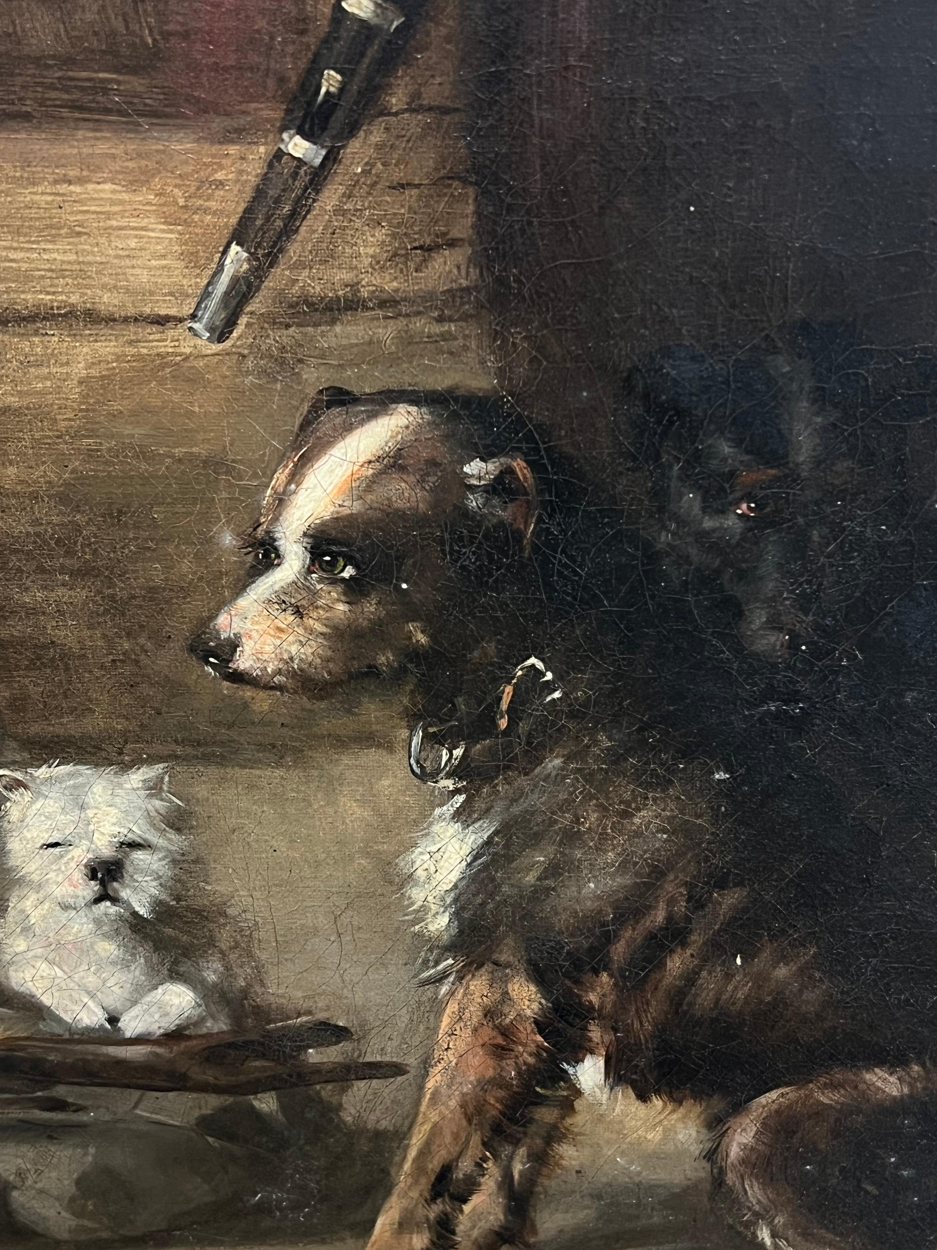 Pintura al óleo antigua del siglo XIX Perros junto al fuego Interior de casa de campo rústica - Painting Victoriano de Scottish Victorian