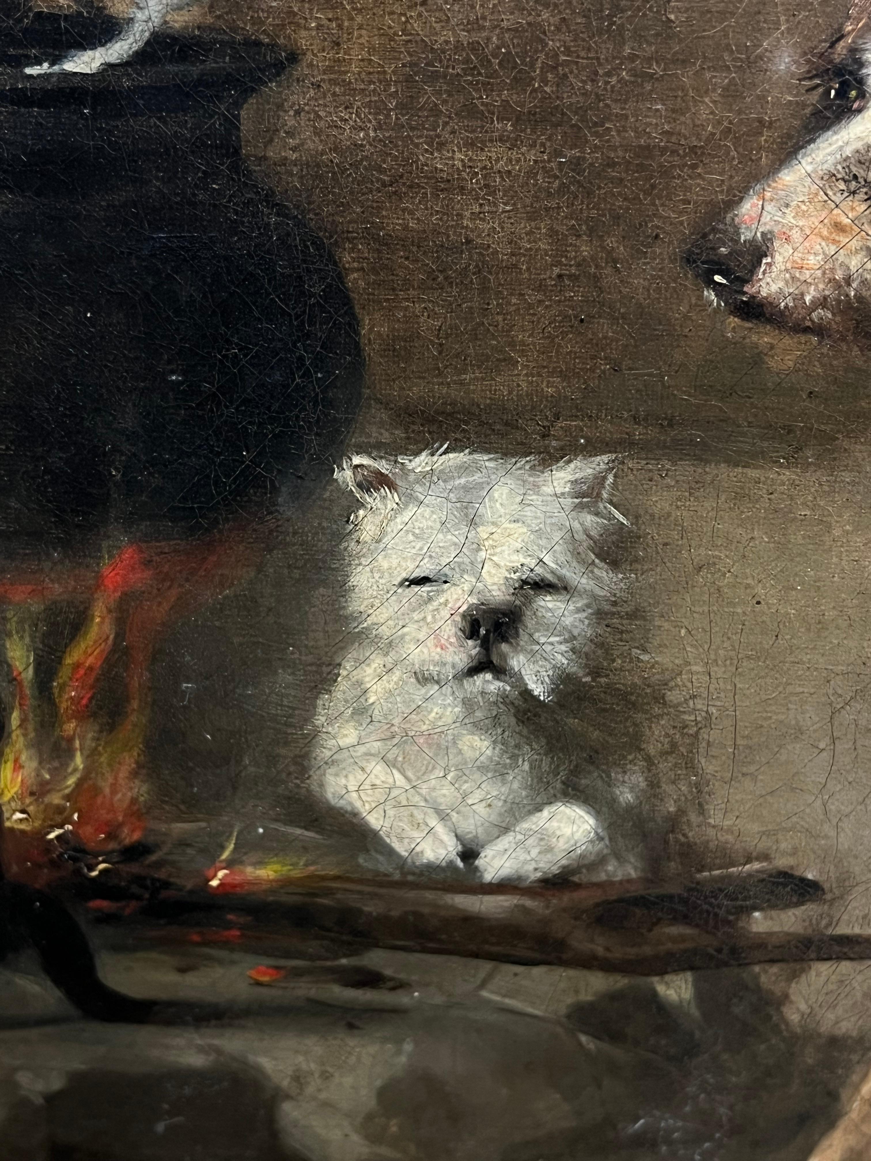 Pintura al óleo antigua del siglo XIX Perros junto al fuego Interior de casa de campo rústica - Interior Painting Negro de Scottish Victorian
