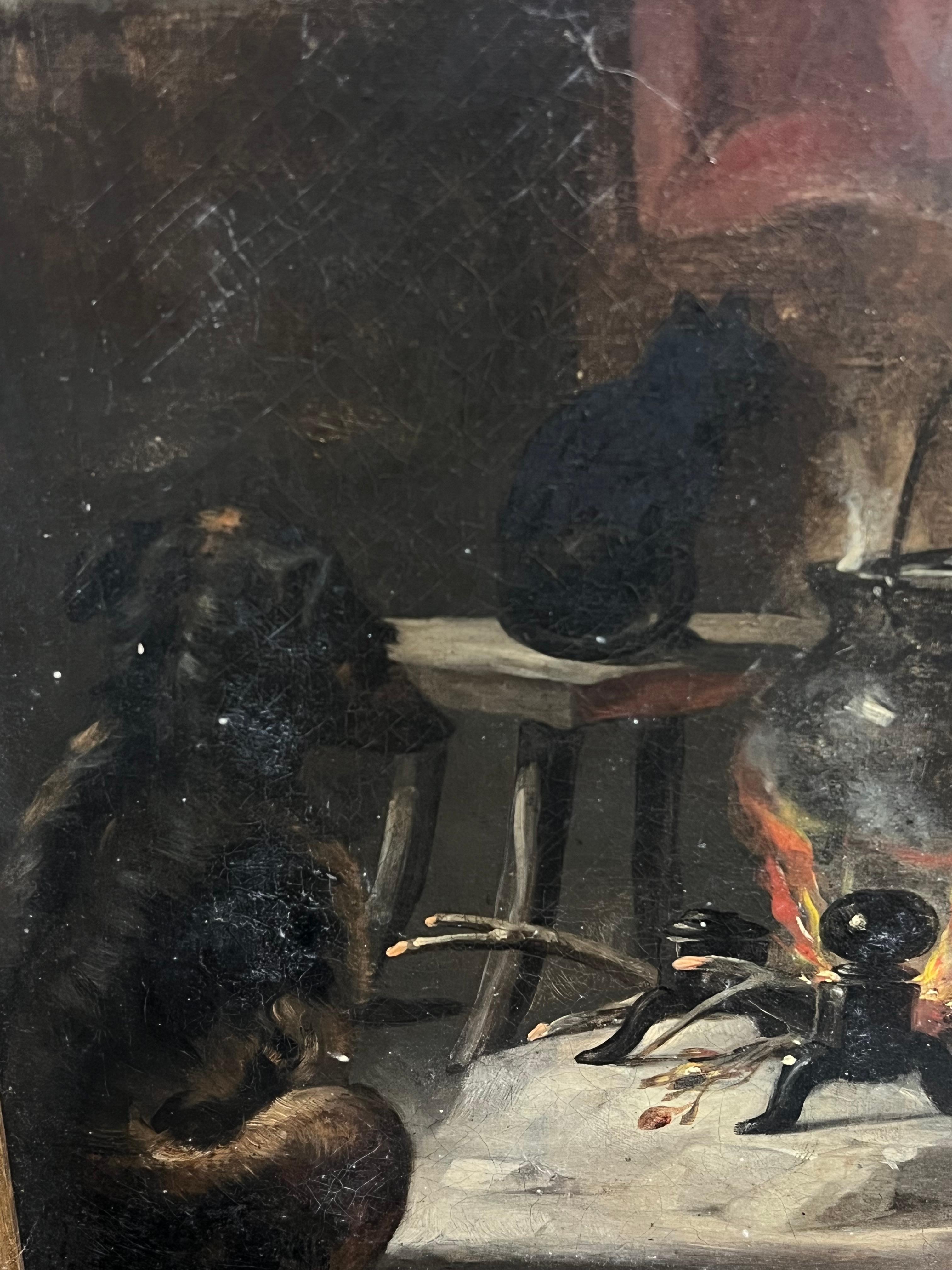 Pintura al óleo antigua del siglo XIX Perros junto al fuego Interior de casa de campo rústica 1