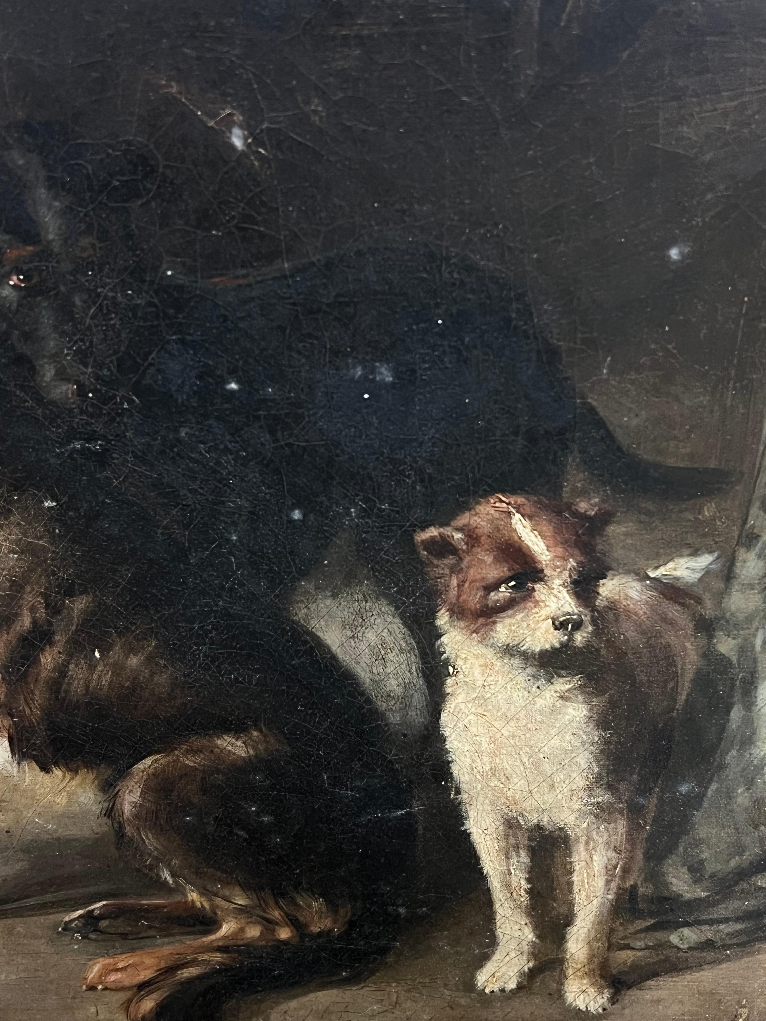 Pintura al óleo antigua del siglo XIX Perros junto al fuego Interior de casa de campo rústica 2