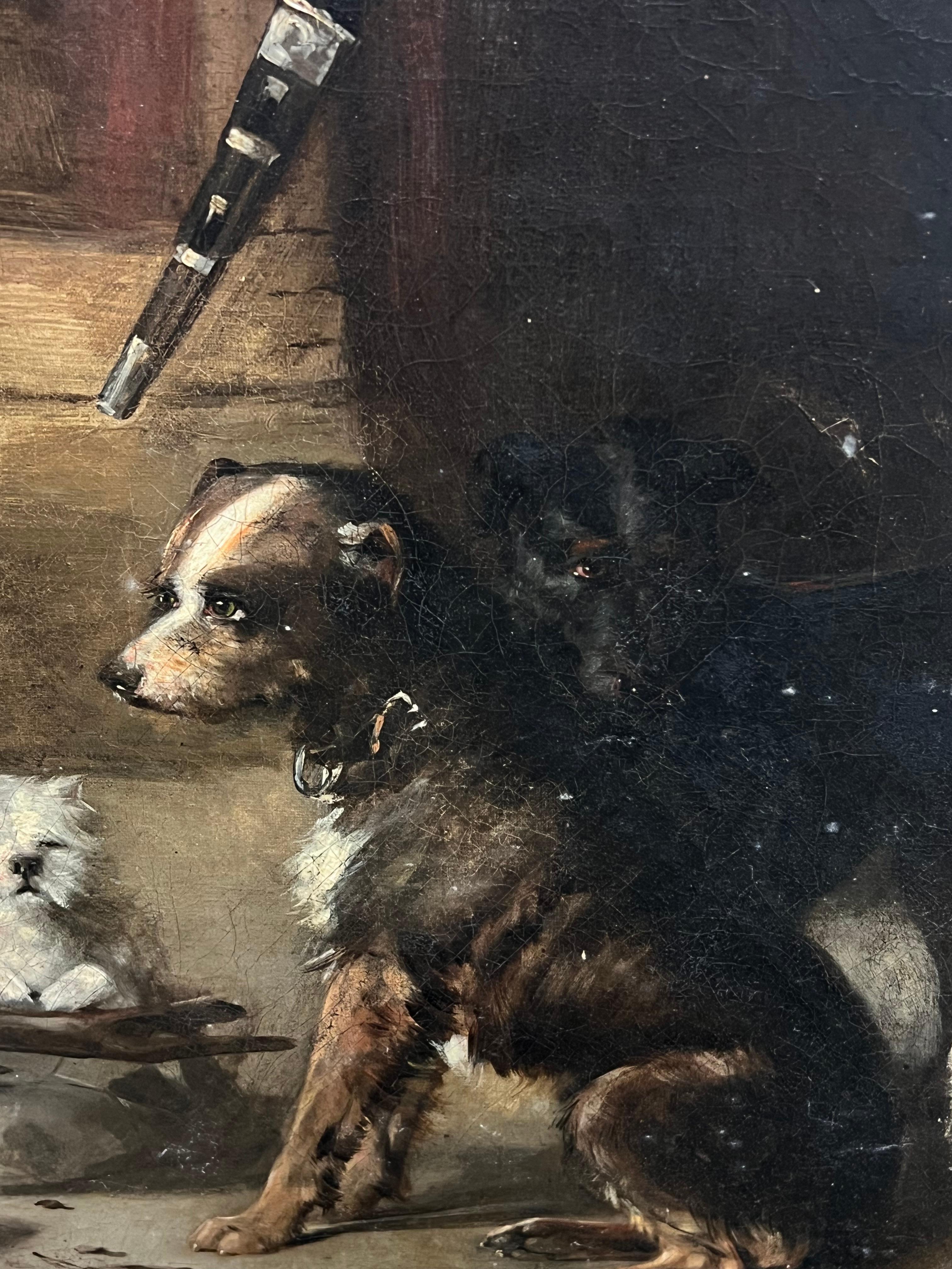 Pintura al óleo antigua del siglo XIX Perros junto al fuego Interior de casa de campo rústica 3