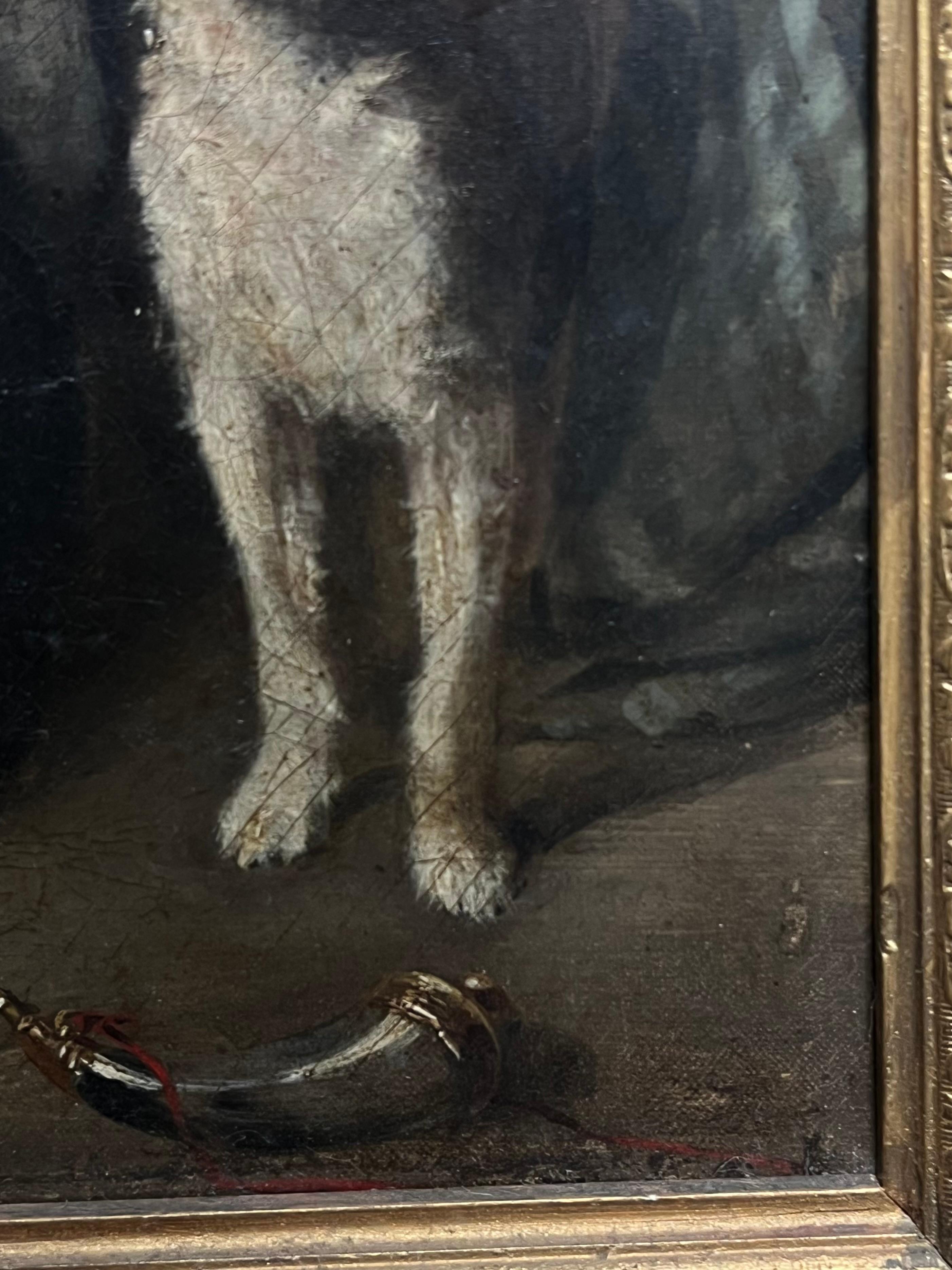 Pintura al óleo antigua del siglo XIX Perros junto al fuego Interior de casa de campo rústica 4