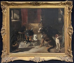 Pintura al óleo antigua del siglo XIX Perros junto al fuego Interior de casa de campo rústica