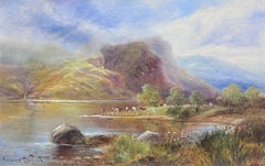 Antique Scottish Oil Highlands Loch Scene Cattle under Summer Clouds Landscape