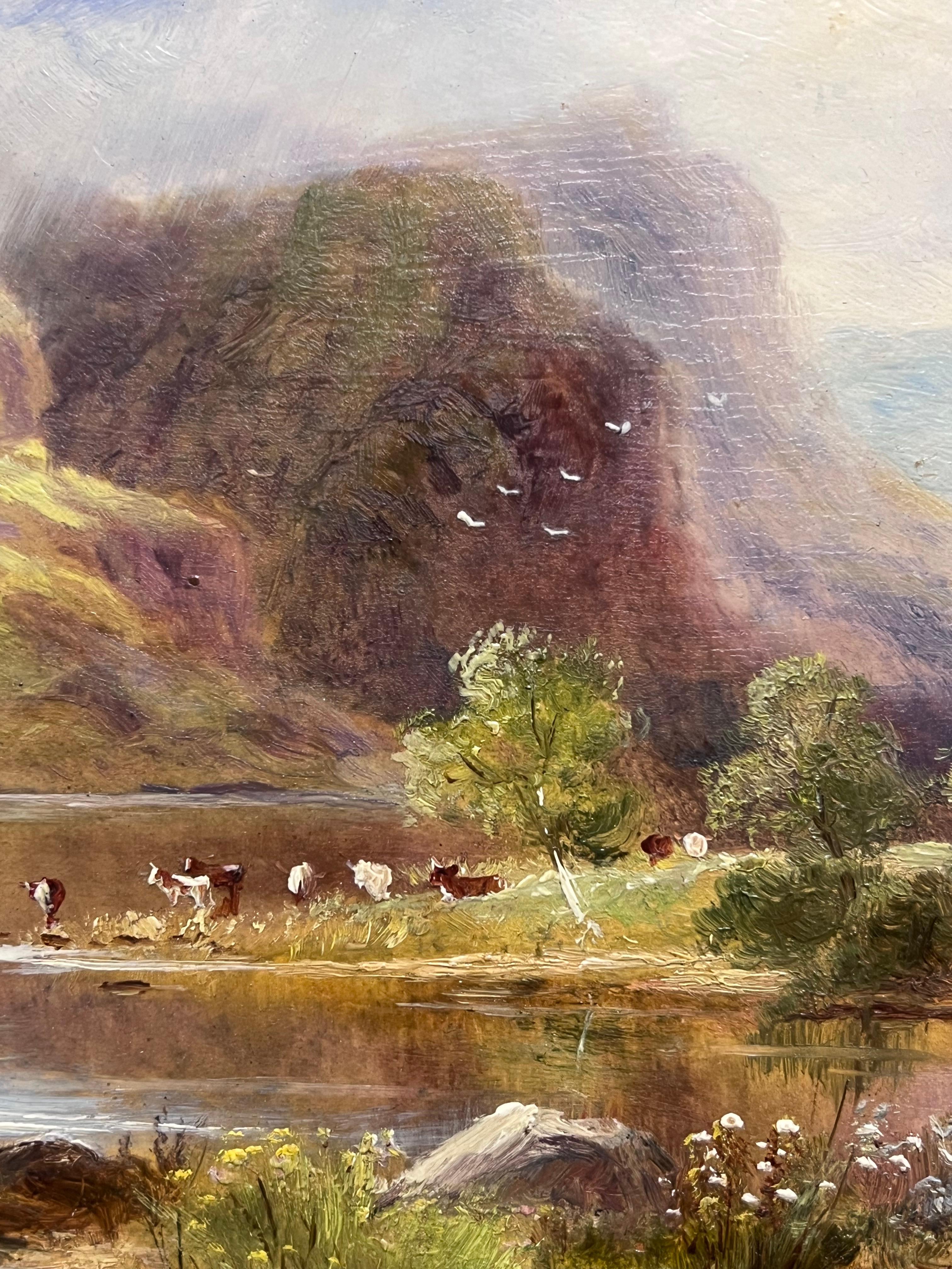 Antiguo Óleo Escocés Highlands Loch Escena Ganado bajo Nubes Verano Paisaje - Animal Painting Marrón de Scottish Victorian