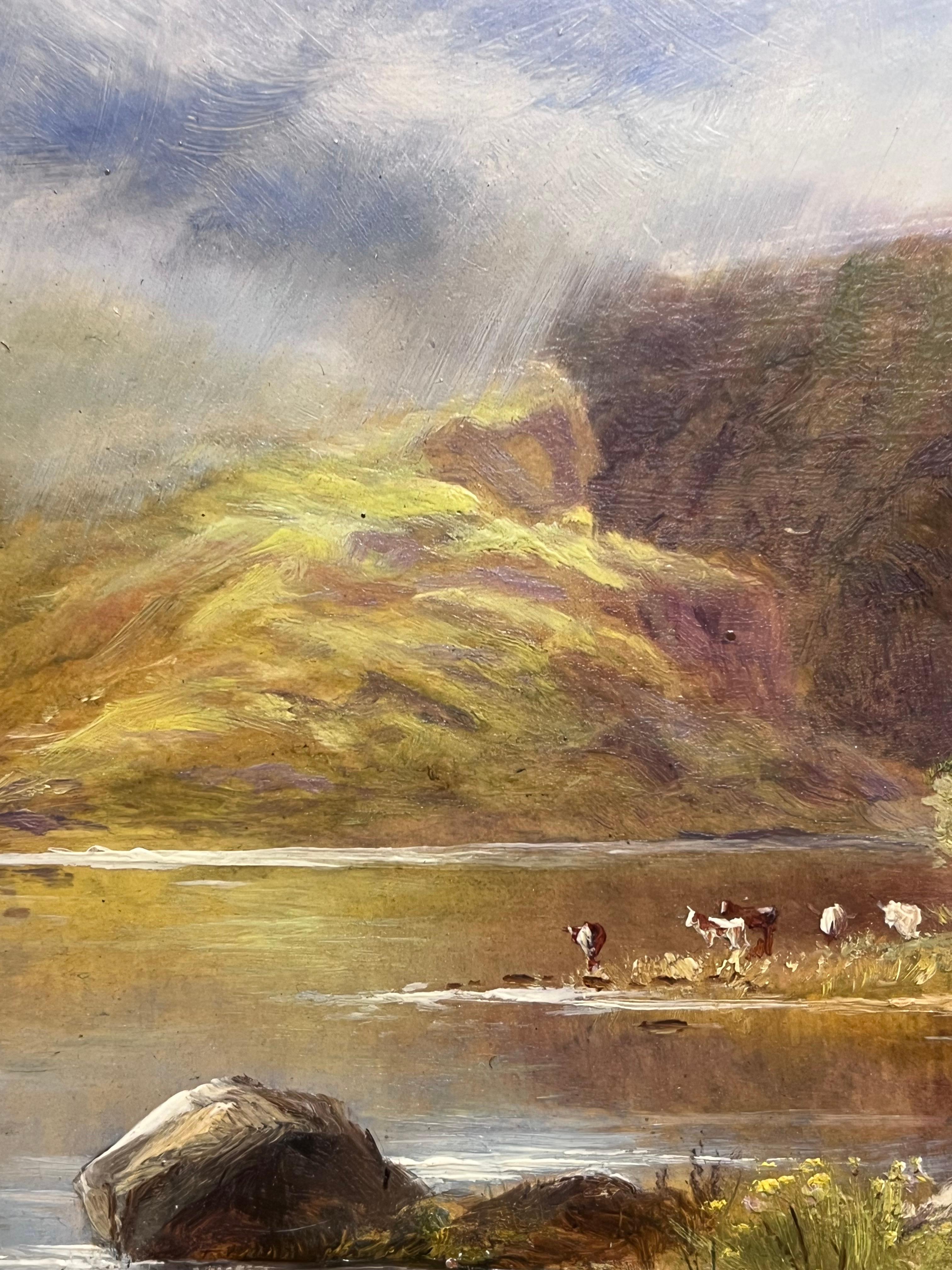 Antiguo Óleo Escocés Highlands Loch Escena Ganado bajo Nubes Verano Paisaje en venta 1