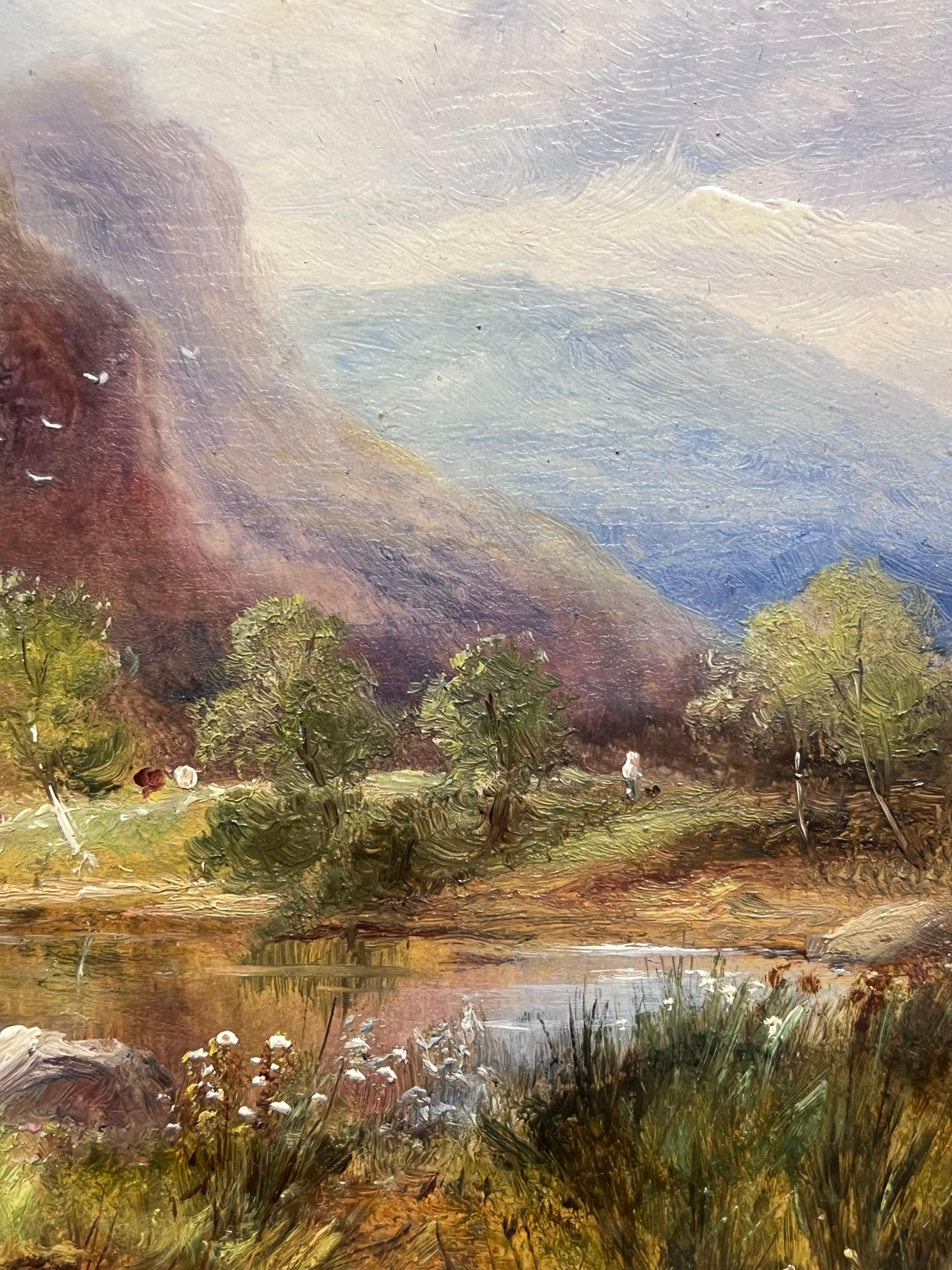 Antiguo Óleo Escocés Highlands Loch Escena Ganado bajo Nubes Verano Paisaje en venta 2