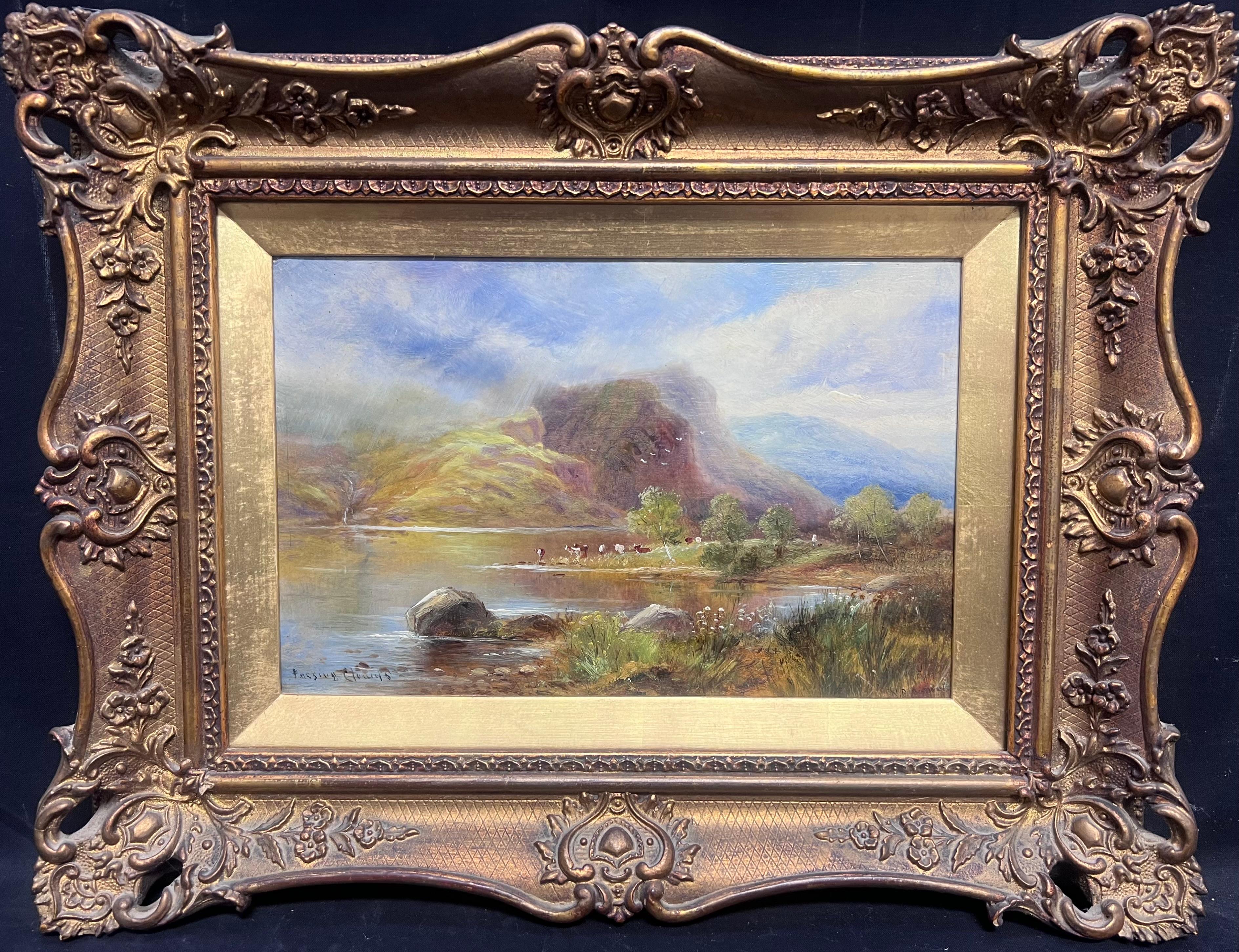 Animal Painting de Scottish Victorian - Antiguo Óleo Escocés Highlands Loch Escena Ganado bajo Nubes Verano Paisaje