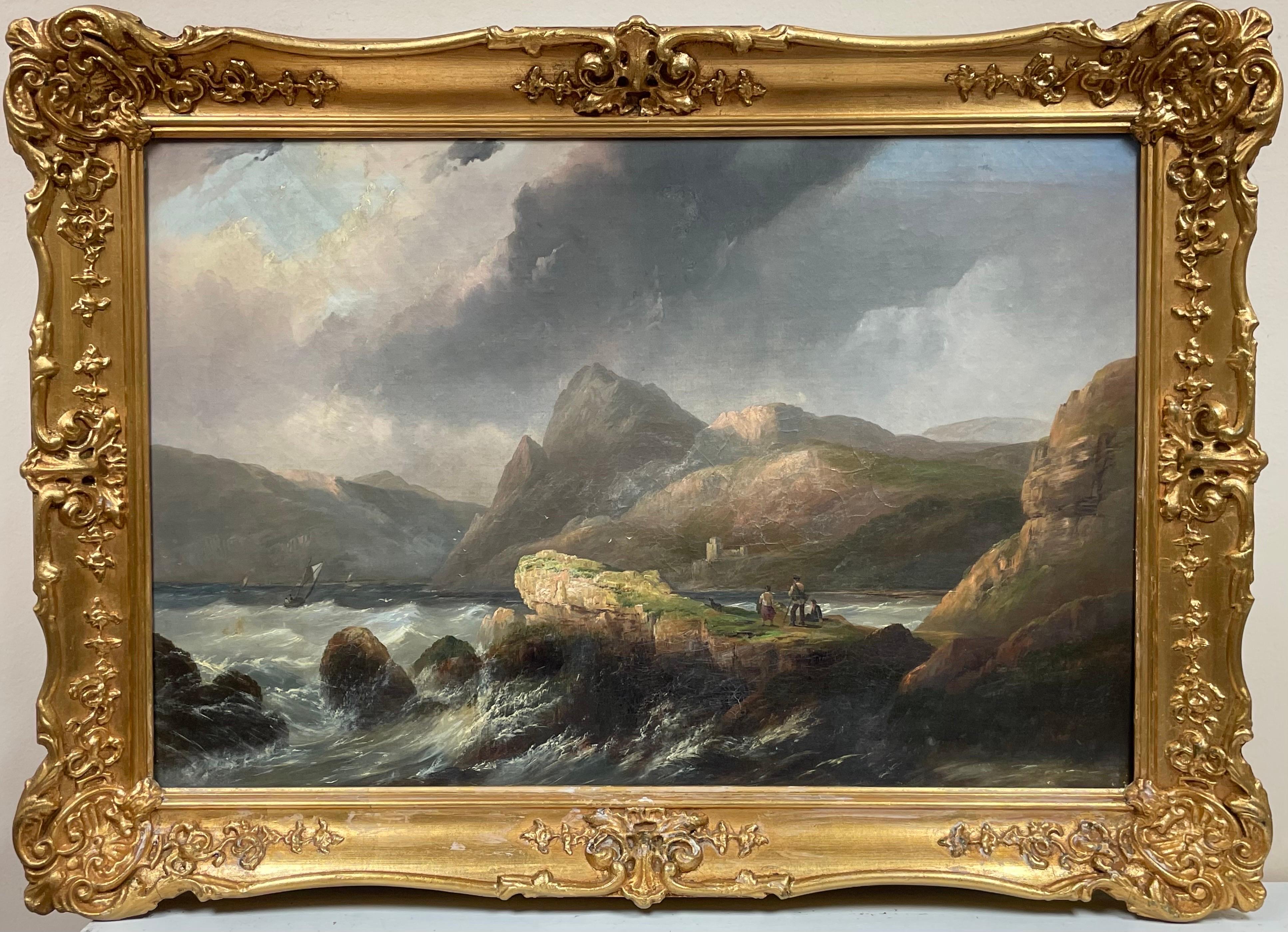 Scottish Victorian Landscape Painting - Large 19th Century Scottish Oil Painting Sea Loch Mountains Castle Ruins Figures